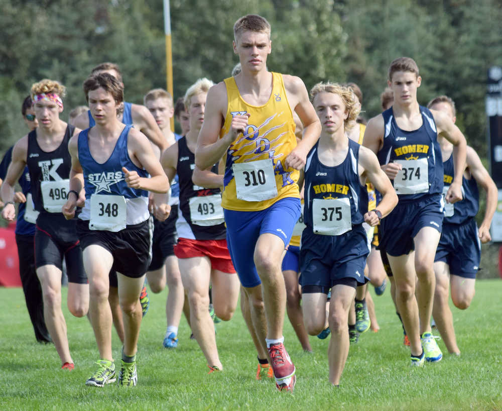 Photo by Jeff Helminiak/Peninsula Clarion Kodiak senior Keith Osowski takes a lead he would not relinquish Monday in the junior-senior race at the Nikiski Class Races at Nikiski HIgh School.