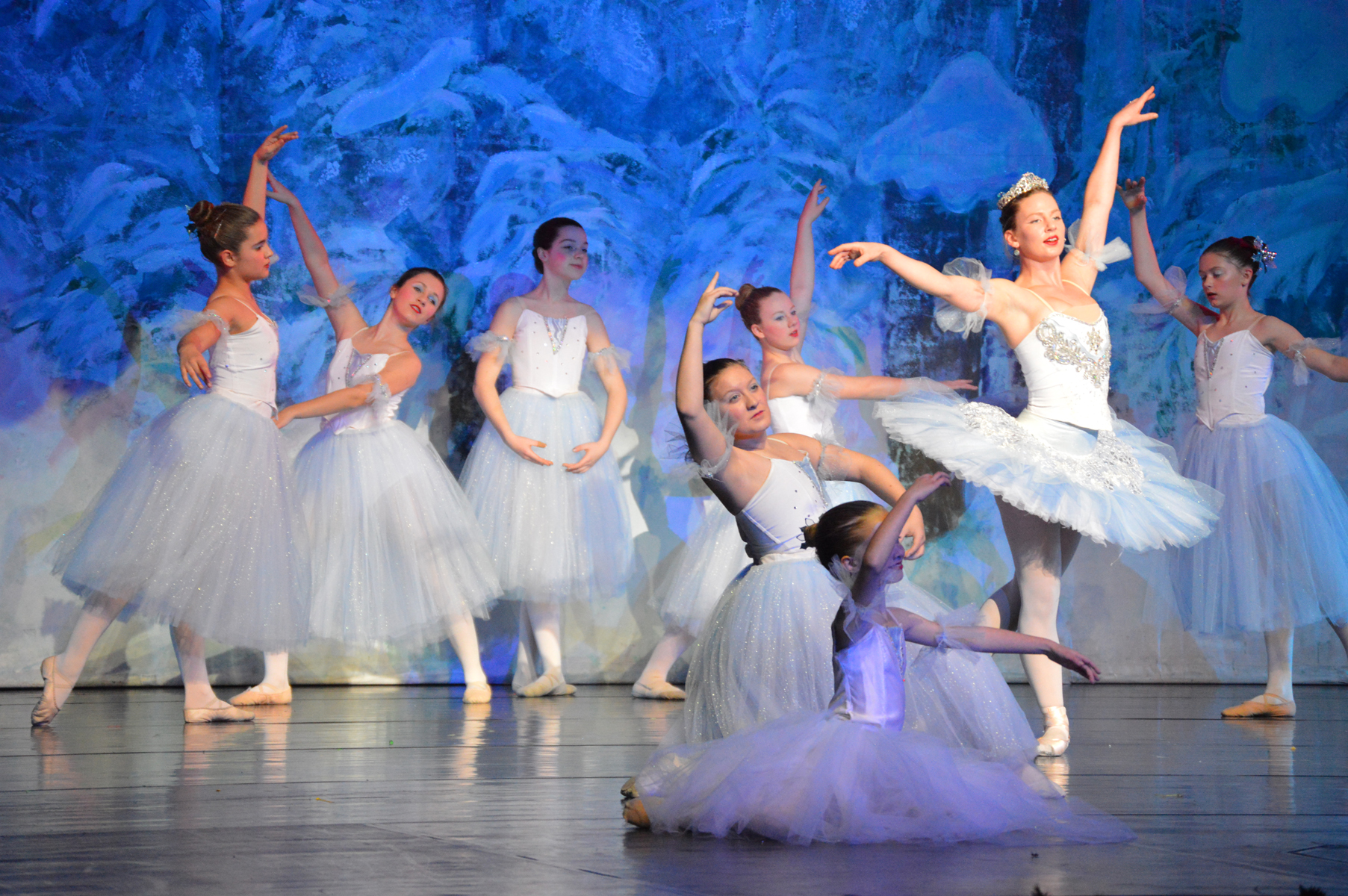 Snowflakes dance with their queen, played by Rhoslyn Jennings, in a rehearsal for the 27th Homer Nutcracker Ballet, which opens Saturday. From left, the snowflakes are Annalynn Brown, Sophie Morin, Lilli Heimbold, Katie Clark, Llena Bice, Ava Halstead and Ruby Allen.-Photo by Annie Rosenthal