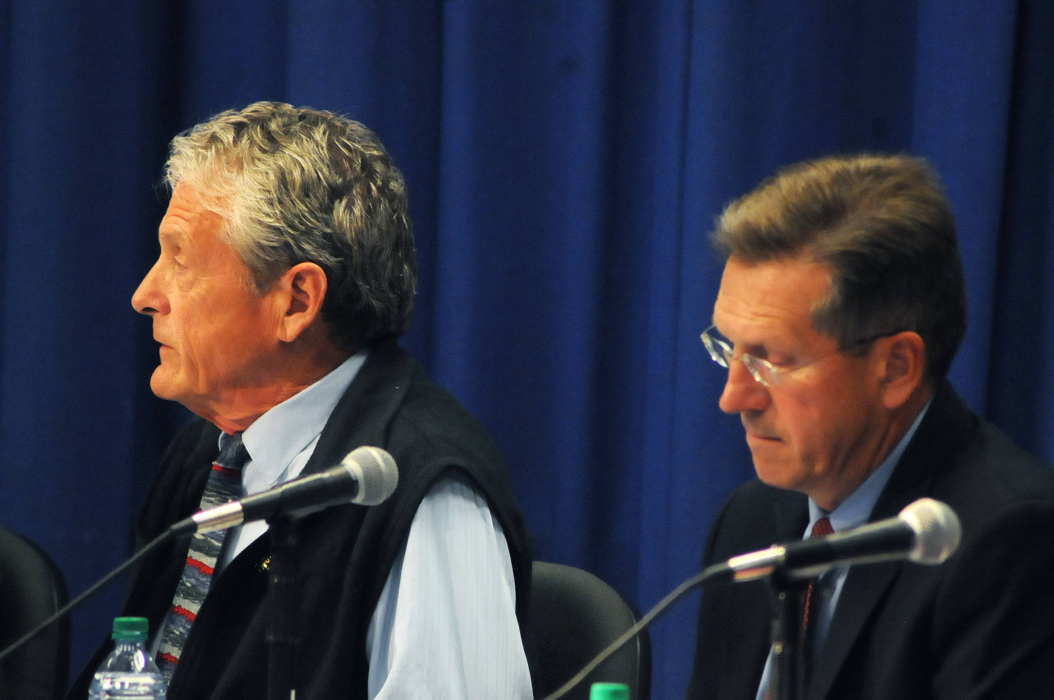 Alaska Department of Fish and Game Commissioner Sam Cotten (left) and Board of Fisheries member Reed Morisky (right) testify during a Senate Committee on Commerce, Science and Transportation field hearing on the reauthorization of the Magnuson-Stevens Fishery Conservation and Management Act, hosted by Sen. Dan Sullivan on Aug. 23 in Soldotna. (Photo/Elizabeth Earl/Peninsula Clarion)