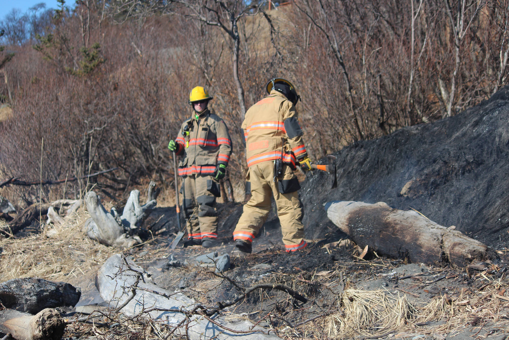 Members of the Homer Volunteer Fire Department finish putting out a campfire that got out of control Friday, March 30, 2018 on Bishop’s Beach in Homer, Alaska. Residents walking on the beach saw the unattended fire get out of control and begin to climb the bluff, when they called 911. (Photo by Megan Pacer/Homer News)