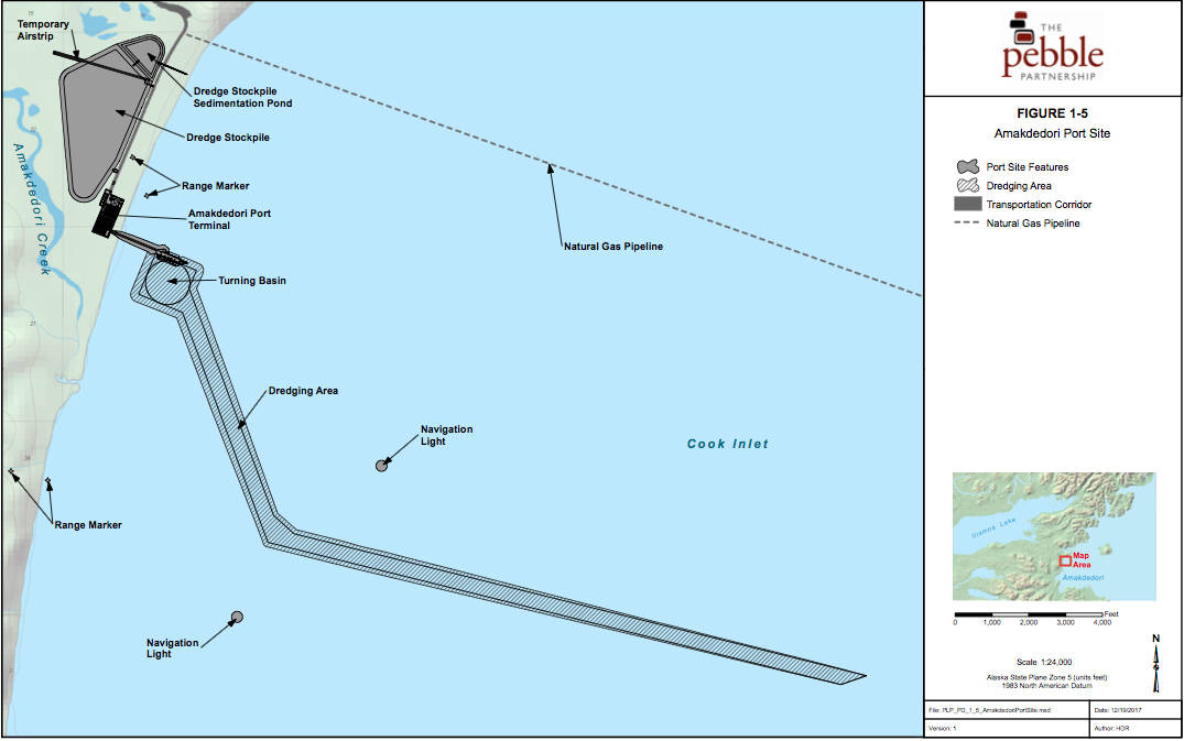 A map of the Amakdedori Creek area shows the proposed Pebble Mine port. (Map by Pebble Limiter Partnership via Cook Inletkeeper)