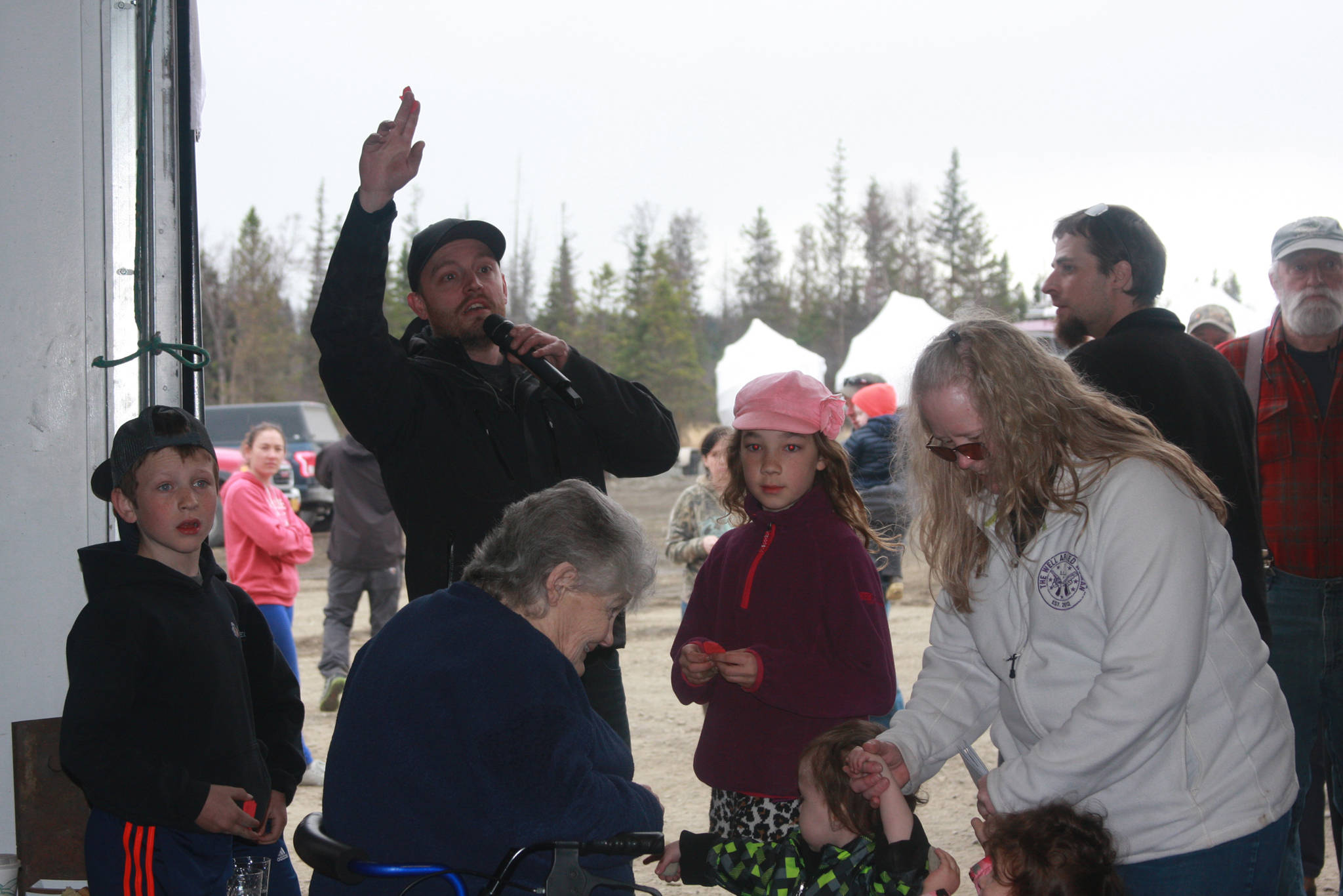 Scott Fraley volunteers to DJ and host the raffle at Bay Weld’s 200th boat celebration on Saturday, April 21 in Homer, Alaska. (Photo by Delcenia Cosman)