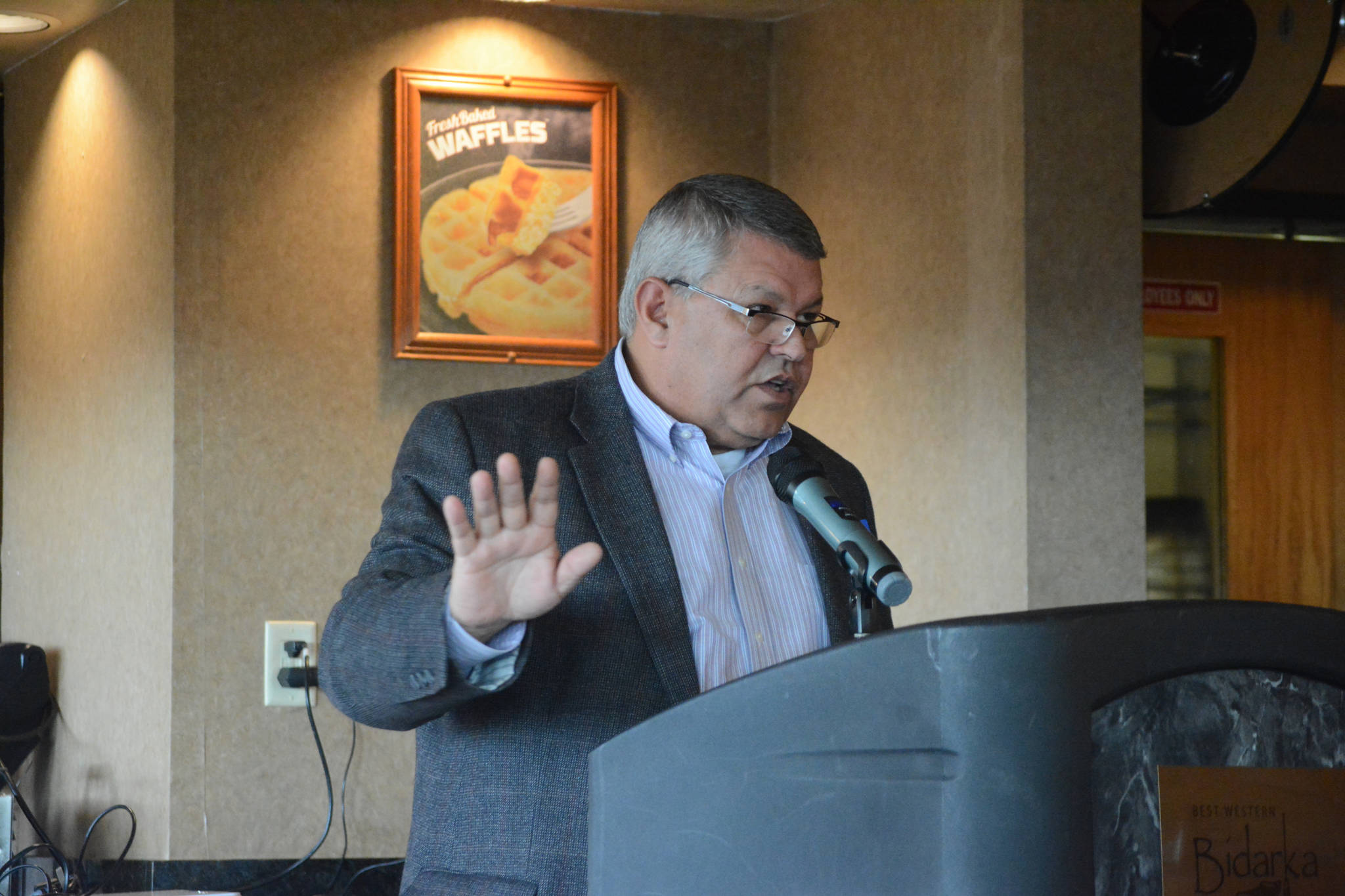 Kenai Peninsula Borough Mayor Charlie Pierce speaks at the Homer Chamber of Commerce and Visitor Center’s luncheon on Tuesday, May 8, 2018, at the Best Western Bidarka Inn in Homer, Alaska. (Photo by Michael Armstrong/Homer News)