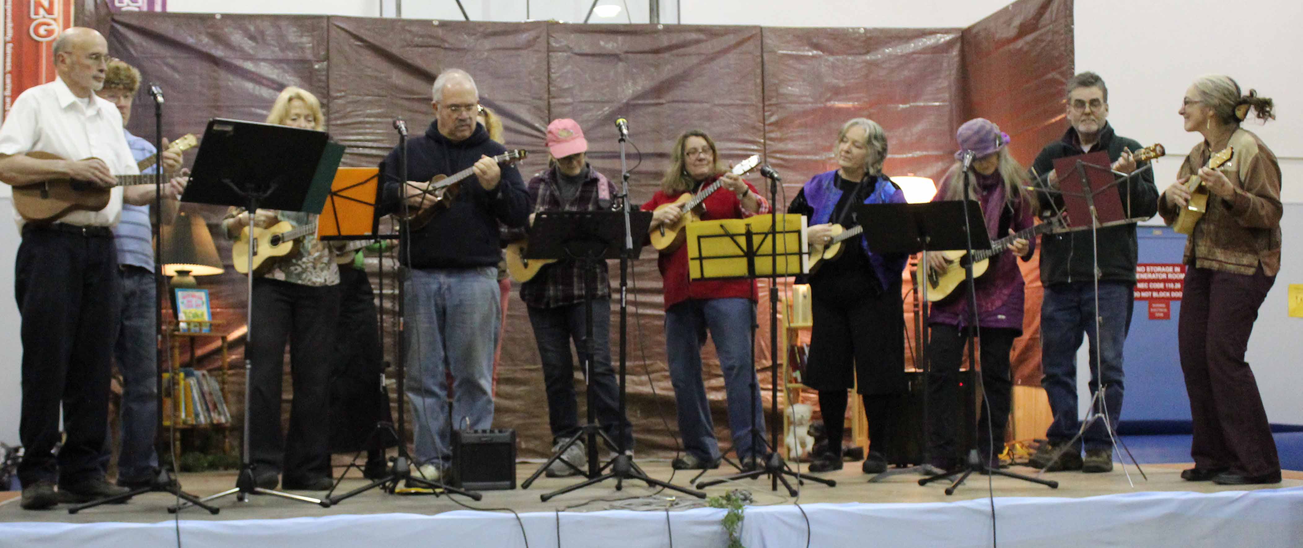 Ukulele musicians from the southern Kenai Peninsula entertain at last year’s Cabin Fever Variety Show, a fundraiser for the Anchor Point Public Library.