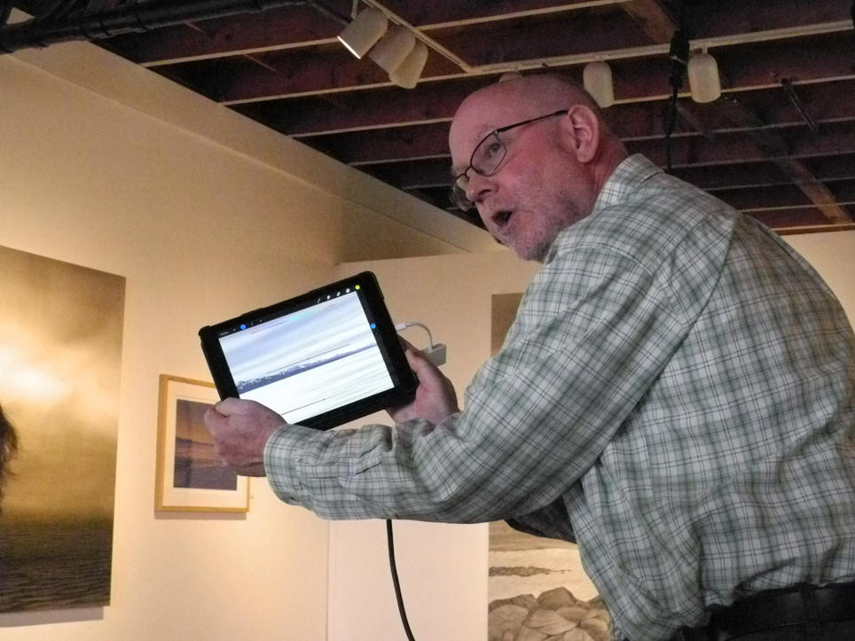 Anchorage artist James R. Behlke demonstrates how to create paintings on his iPad at a workshop June 6 at the Bunnell Street Arts Center.                                                              -Photo by Michael Armstrong, Homer News