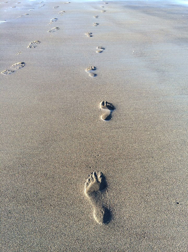 A beach walker left bare footprints on the sand near Bishop’s Beach last Saturday, proof that for some it was warm enough to shed shoes.-Photo by Stan Purington