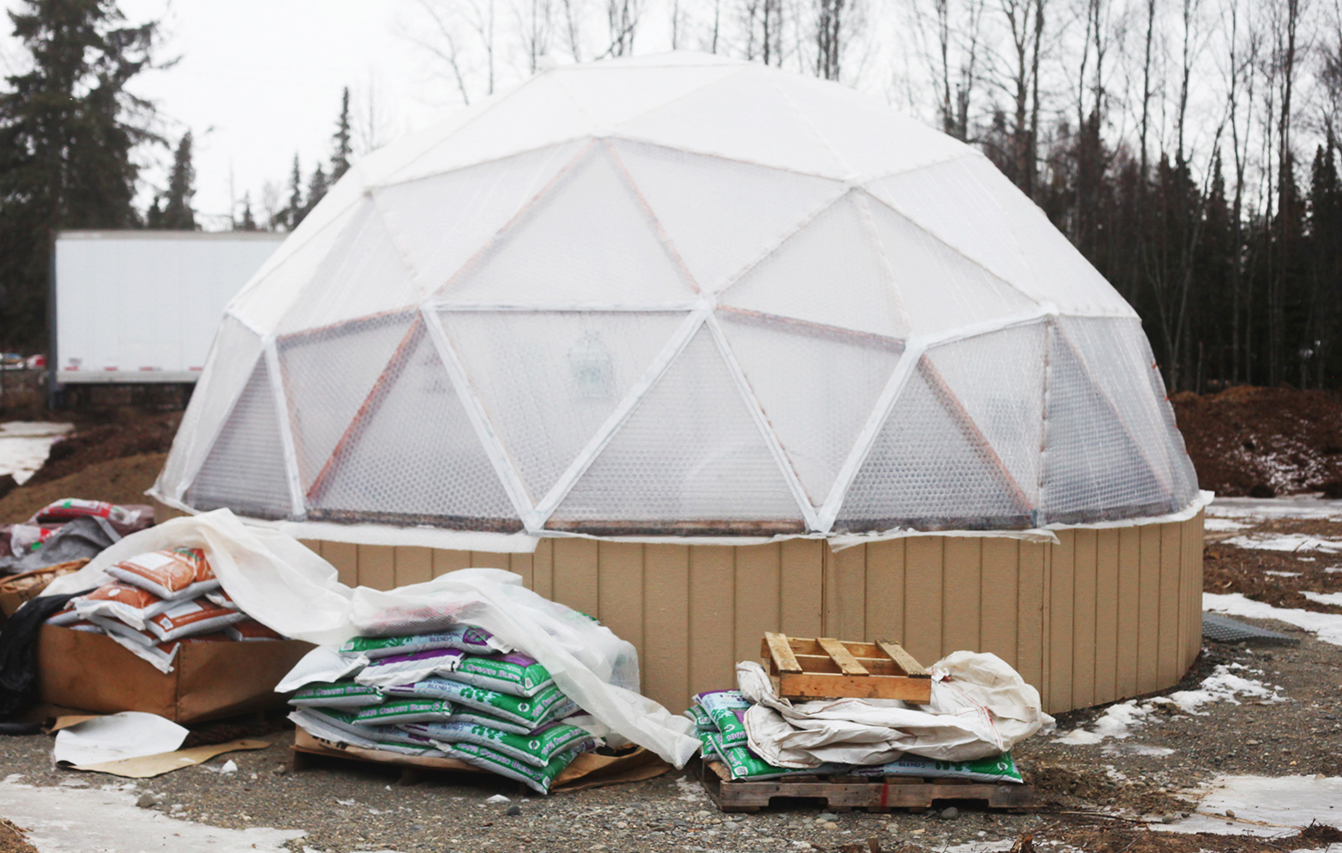 Kenai resident Lark Ticen’s 20-foot Arctic Dome was built by James Freed, who installs 15, 20 or 60-foot structures approved through the Natural Resources Conservation Service Seasonal High Tunnel Initiative System for Crops.-Photo by Kelly Sullivan, Morris News Service - Alaska