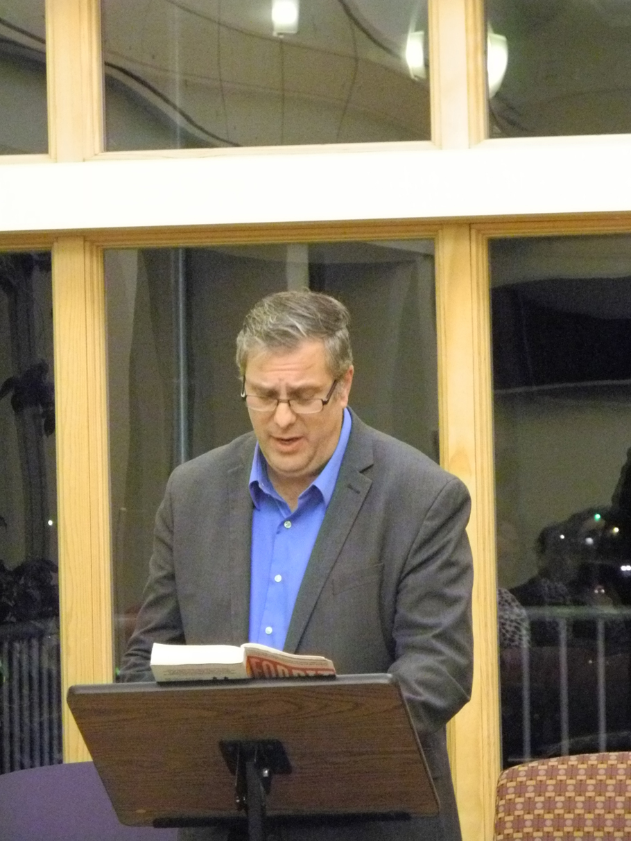 David Abrams reads from his novel, “Fobbit,” on Nov. 7 at Kachemak Bay Campus.                               -Photo by Michael Armstrong, Homer News