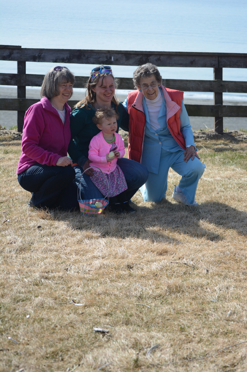 Four generations pose for a photo at the Homer Elks Lodge Easter egg hunt on Sunday afternoon. At center, bottom, is Trinity Critchett, great-granddaughter of Tepa Rogers, right, granddaughter of Anita Critchett, left, and niece of Denali Critchett, center.