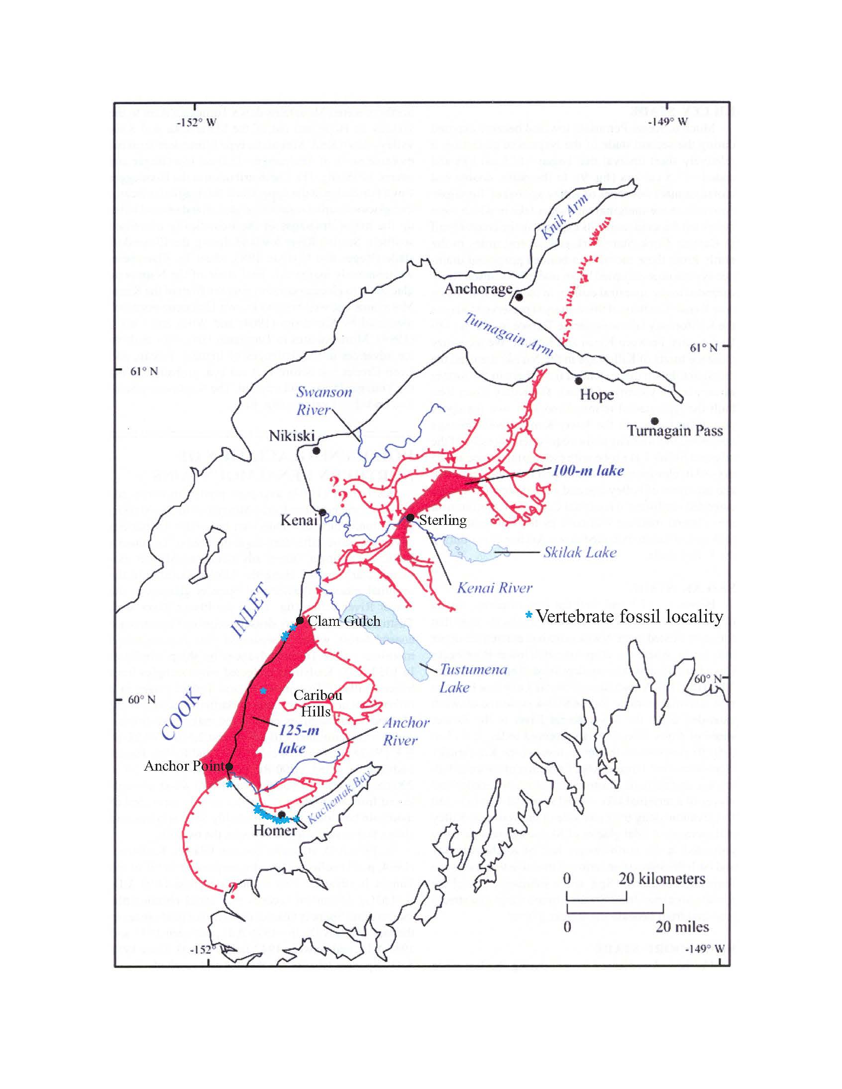 In this map, areas where fossils have been found are shown in blue. The red lines indicate glaciation during the stage 3 interglacial period, with the area toward Cook Inlet ice free, including a large lake, shown in red.