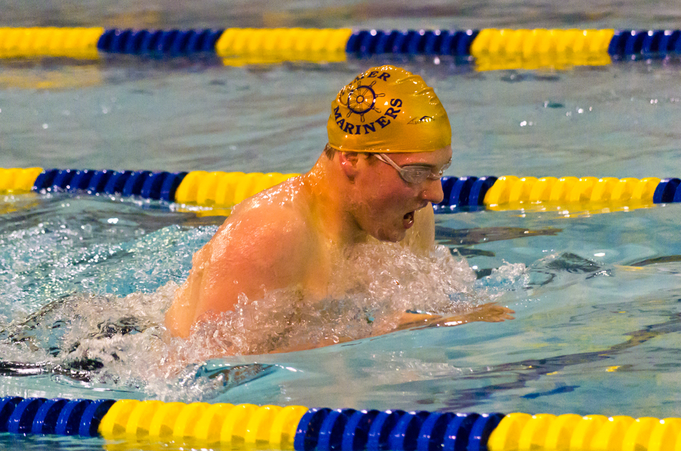 Mariner James Nagle swims in the preliminary rounds at last week’s Regions III Swim and Dive Championships. Nagle qualified to compete in the State championships in the 200M IM and 100 butterfly.-Photo by Shawn E. Biessel, Homer News
