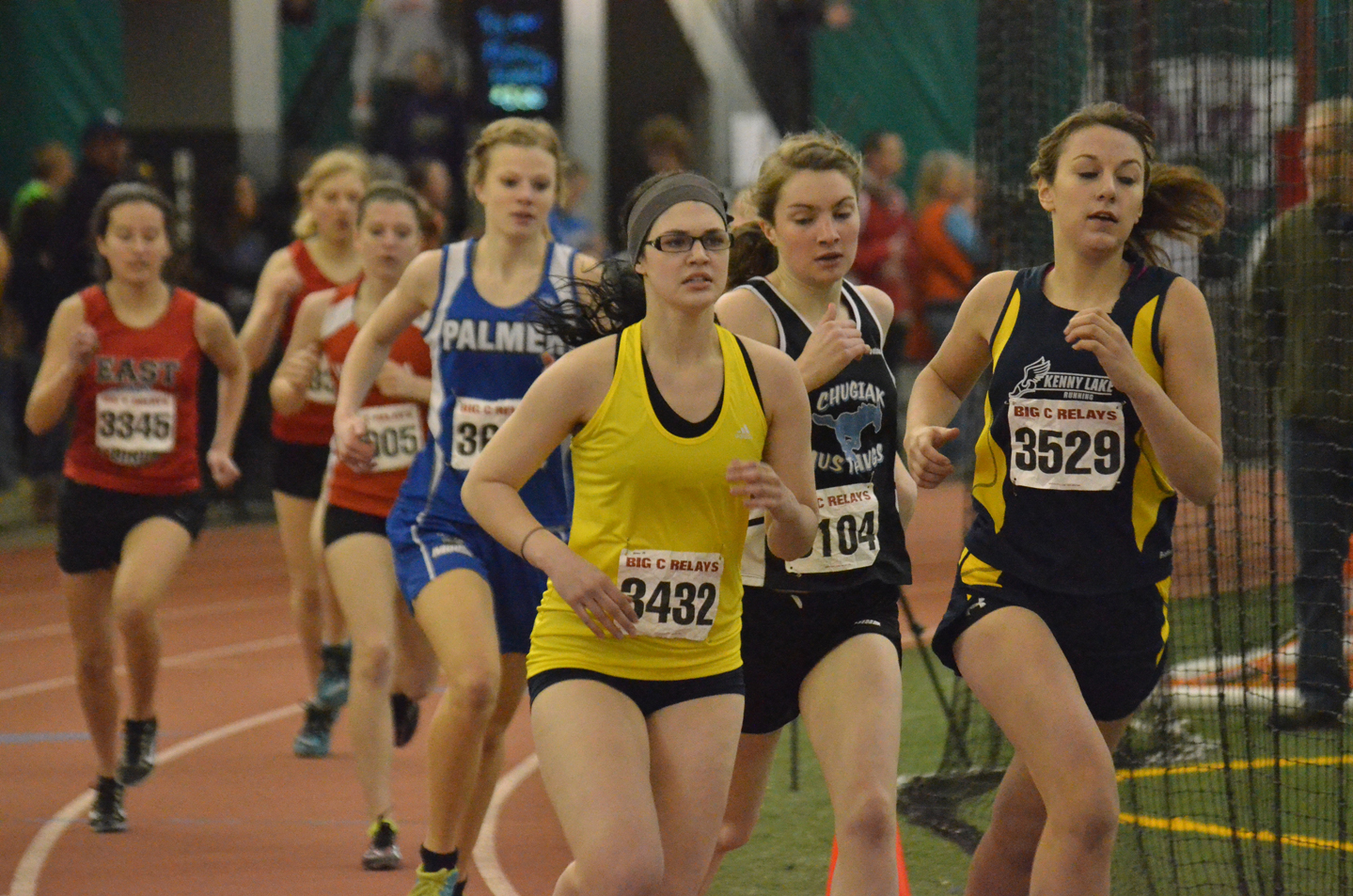 Homer High Mariner Abby Brant, No. 3432, participates in the Big C Relays in Anchorage last week.-Photos by Connor Browne, Homer High School track and field student manager