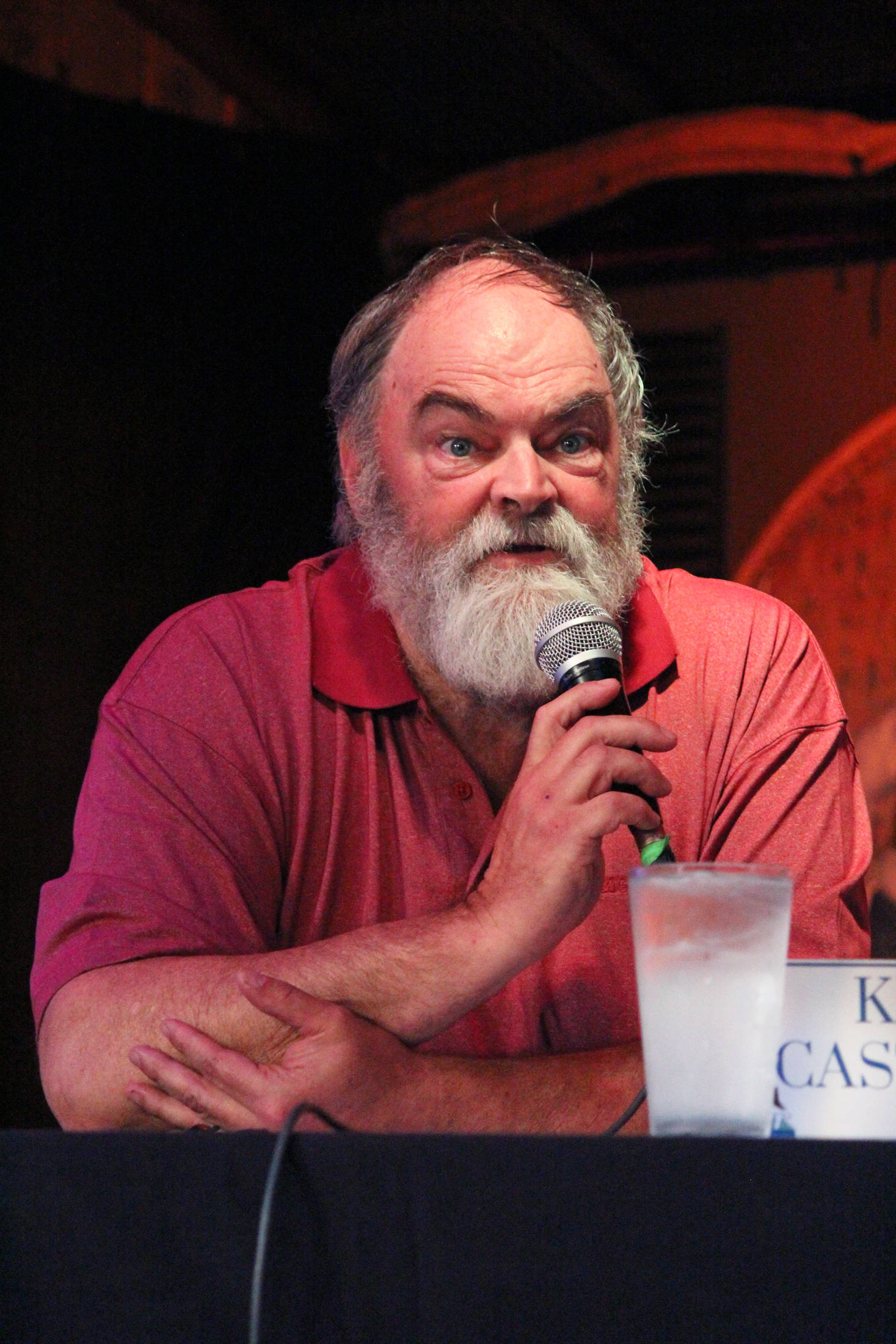 Ken Castner III answers a question at a city council and mayoral candidate forum Tuesday, Sept. 11, 2018 at Alice’s Champagne Palace in Homer, Alaska. Castner is running for Homer mayor. (Photo by Megan Pacer/Homer News)