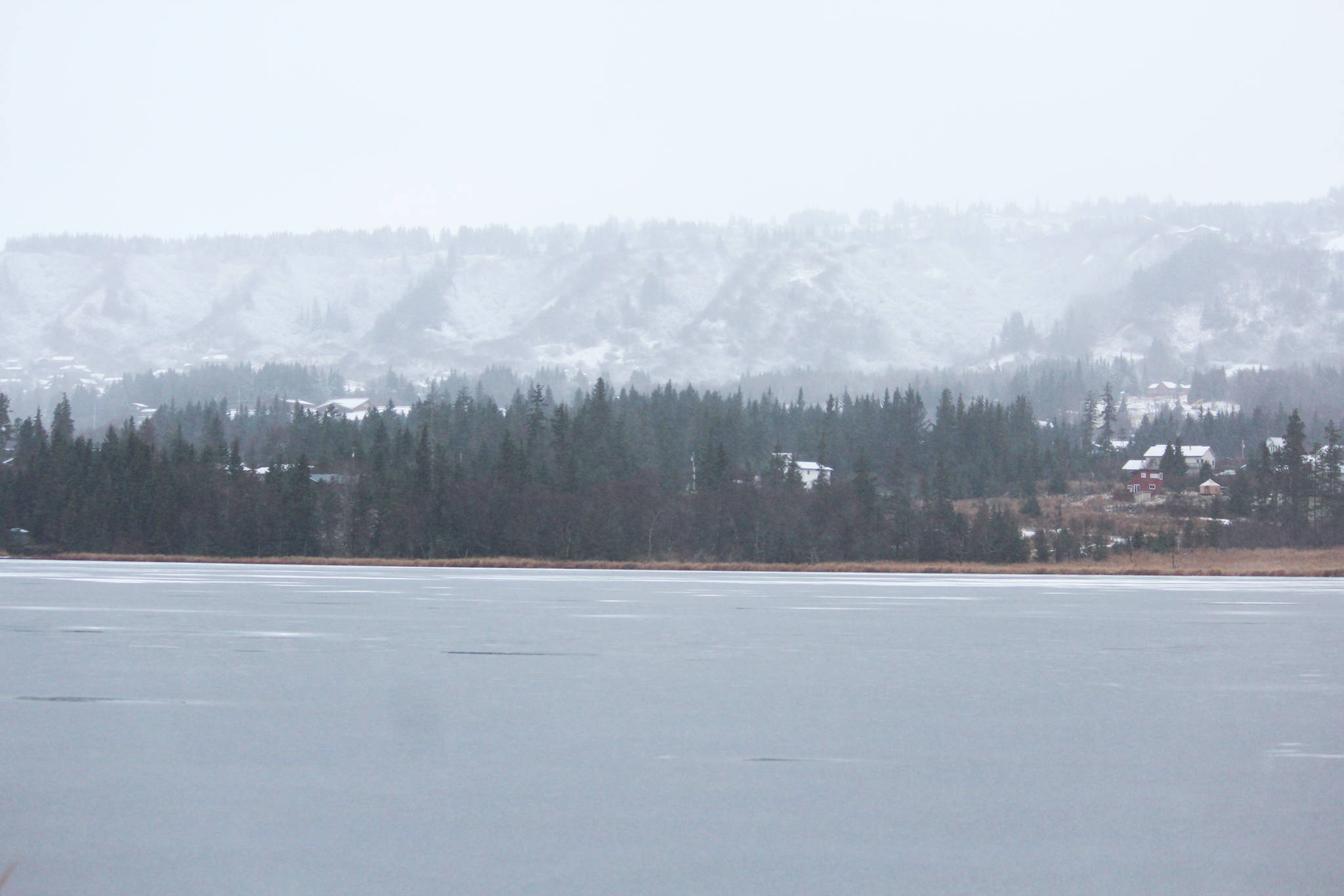 Snow casts a monochrome haze over Beluga Lake as it falls Wednesday, Nov. 28, 2018 in Homer, Alaska. (Photo by Megan Pacer/Homer News)