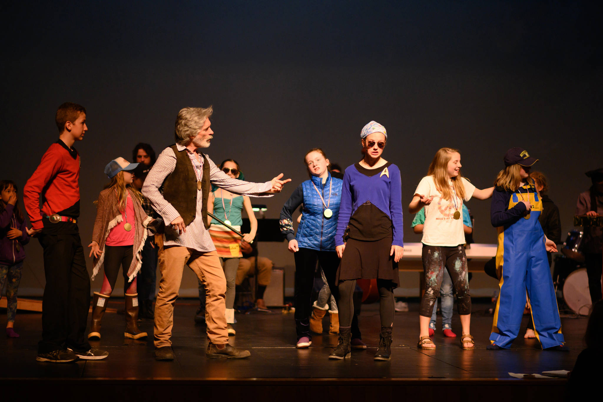 The cast of Star Truck rehearse the Spitlandia scene on Sunday, April 14, 2019, at the Mariner Theatre in Homer, Alaska. (Photo by Lisa Linegar)