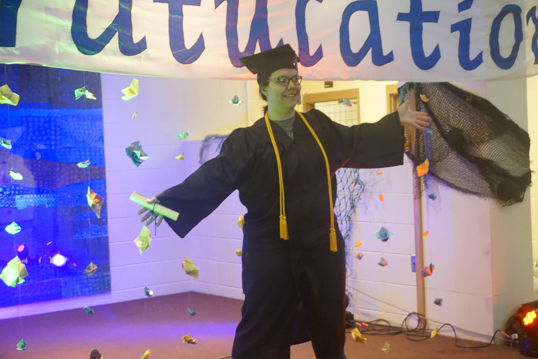 Esther Lowe poses for a photo at a reception for the Kachemak Bay Campus commencement last Wednesday, May 8, 2019, at the Mariner Theatre in Homer, Alaska. Lowe received an associate of arts degree. (Photo by Michael Armstrong/Homer News.)