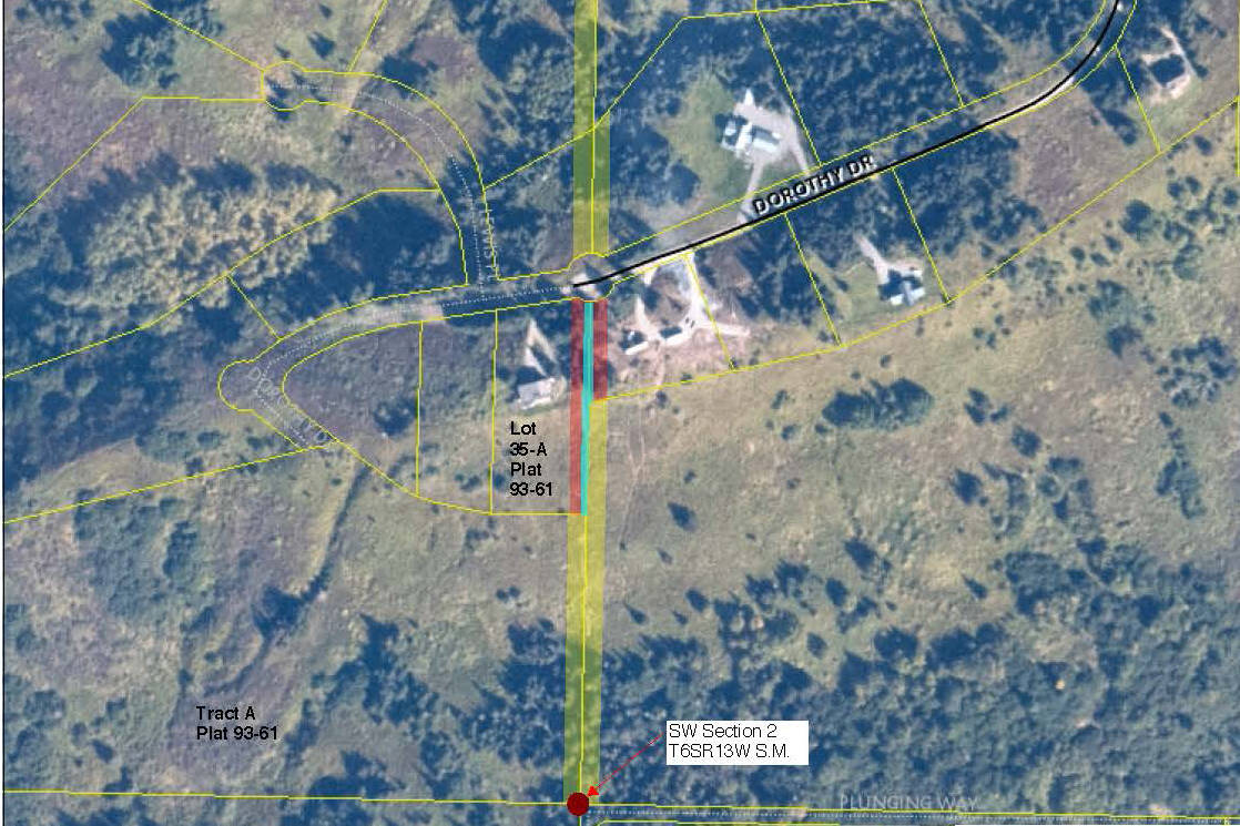 This map and aerial photo prepared by the Alaska Department of Natural Resources shows the Dorothy Drive area and the section line property owners seek to vacate. The large home in the center of the map is owned by country-western singer Zac Brown.