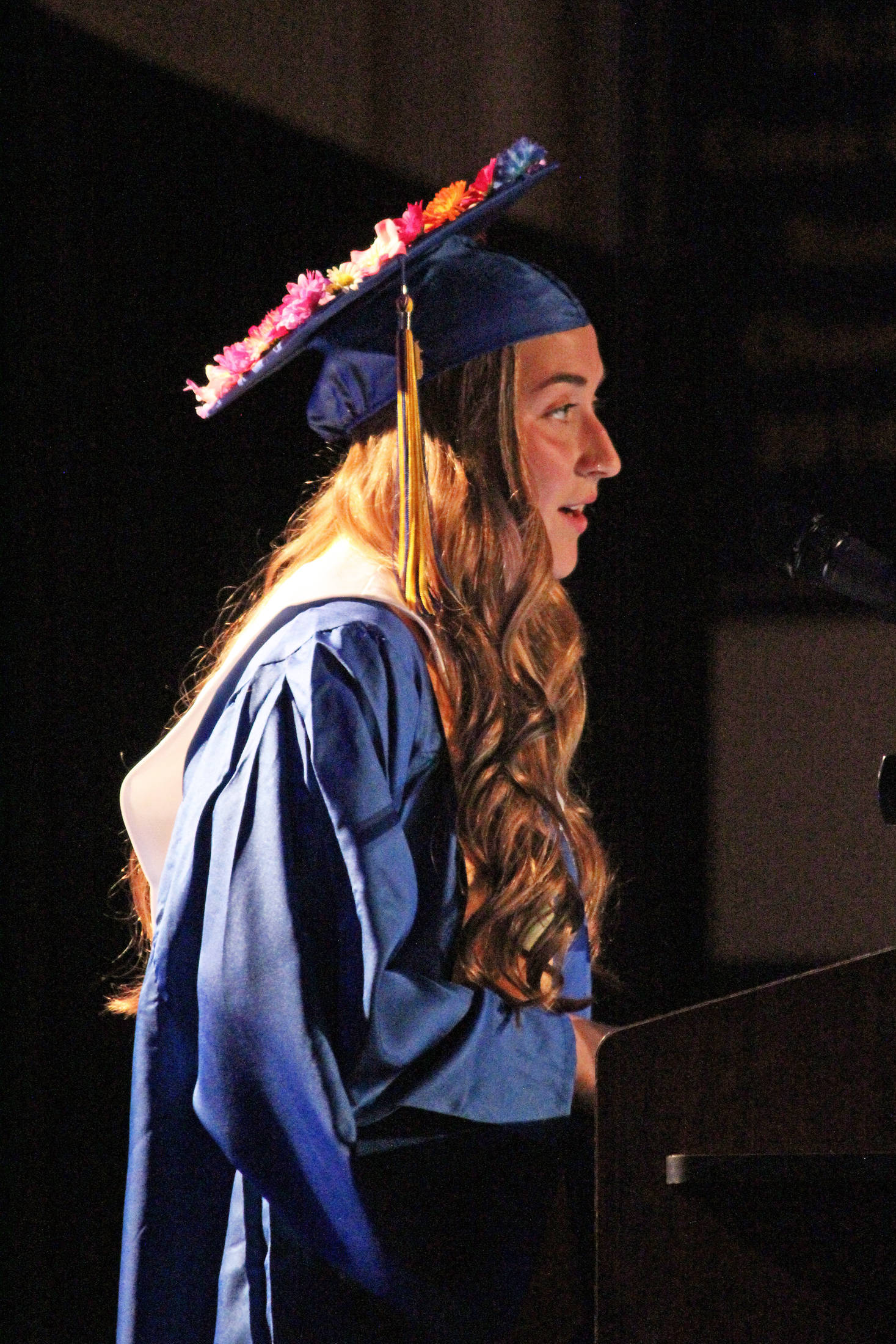 Brenna McCarron gives her salutatorian address during the Wednesday, May 22, 2019 graduation ceremony for students at Homer High School in Homer, Alaska. (Photo by Megan Pacer/Homer News)