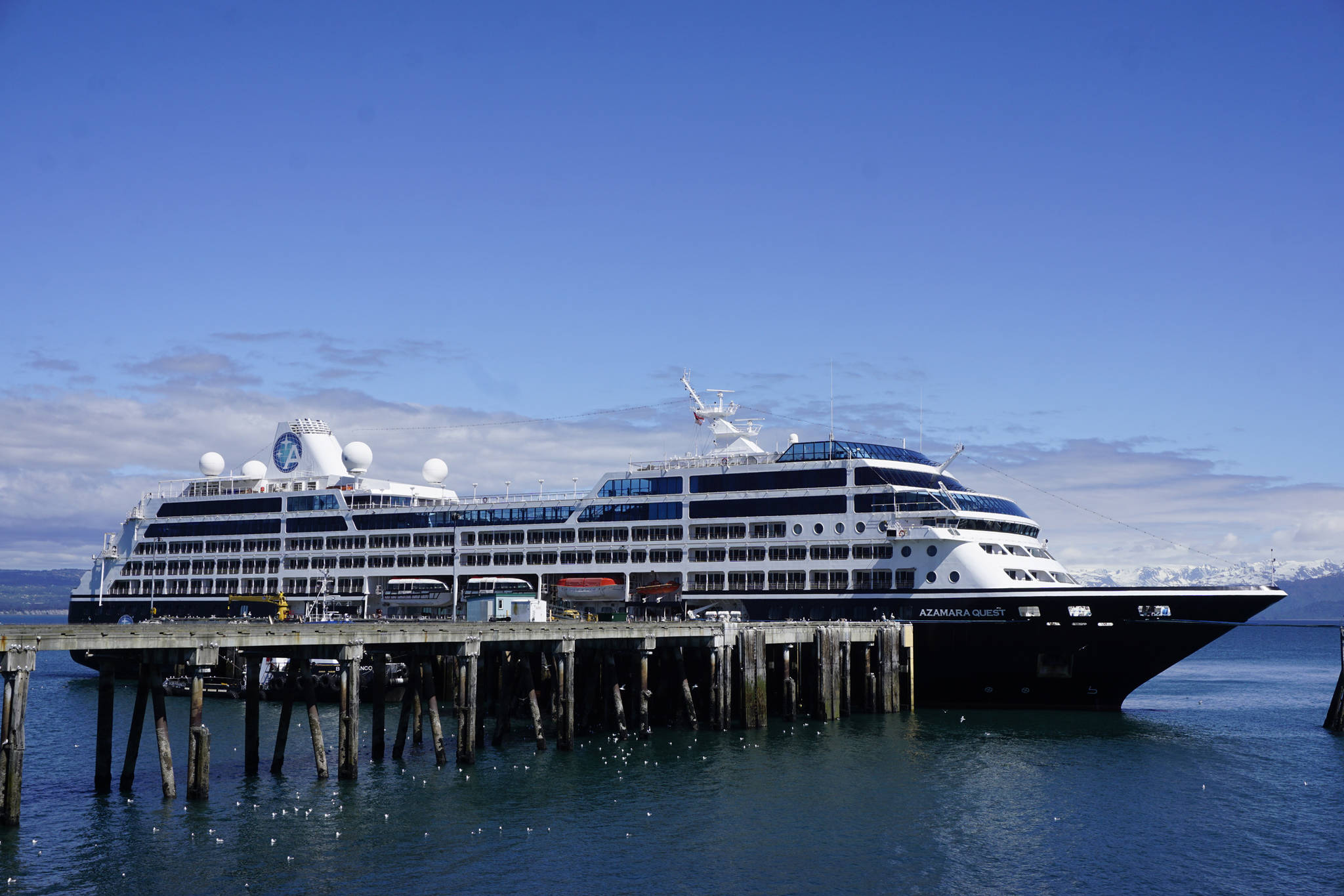 The Azmara Quest is moored at the Deep Water Dock on Friday, May 24, 2019, in Homer, Alaska. The ship was one of two cruise ships to dock in Homer over the Memorial Day weekend, with the Silver Muse visiting on Sunday, May 26. A planned visit by the USS John Finn on Sunday had to be canceled when the Arleigh-Burke class destroyer was diverted for operational reasons. (Photo by Michael Armstrong/Homer News)