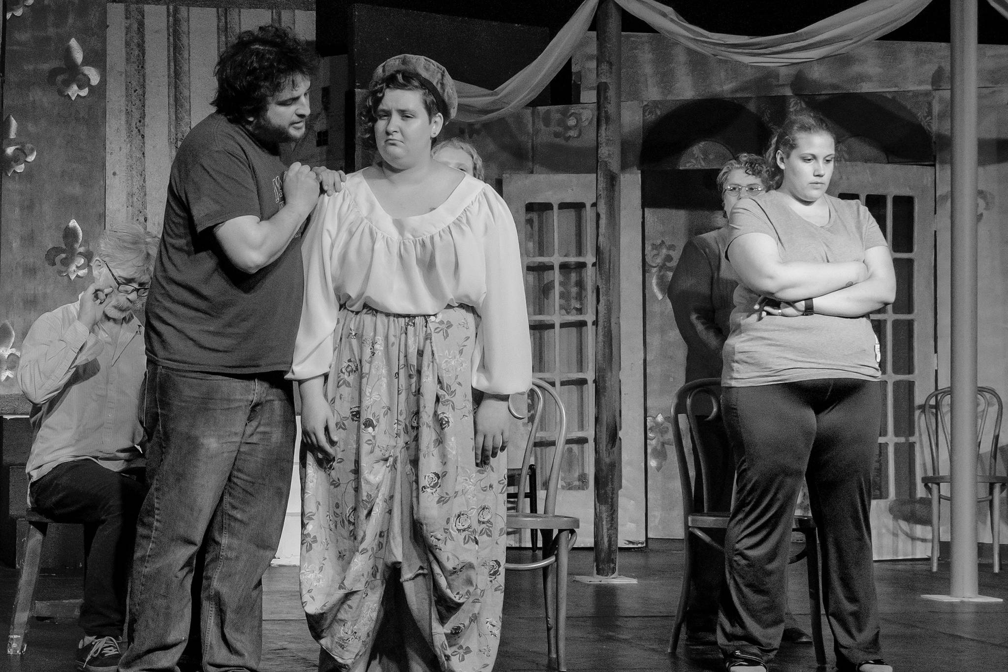 Actors rehearse a scene from William Shakespeare’s “Much Ado About Nothing” on June 24, 2019, at the Pier One Theatre in Homer, Alaska. From left to right are 4. Peter Sheppard as Dogberry, Lydia Thomas as Borachio, and Alison Rambo as Conrad. (Photo by Sue Briggs)