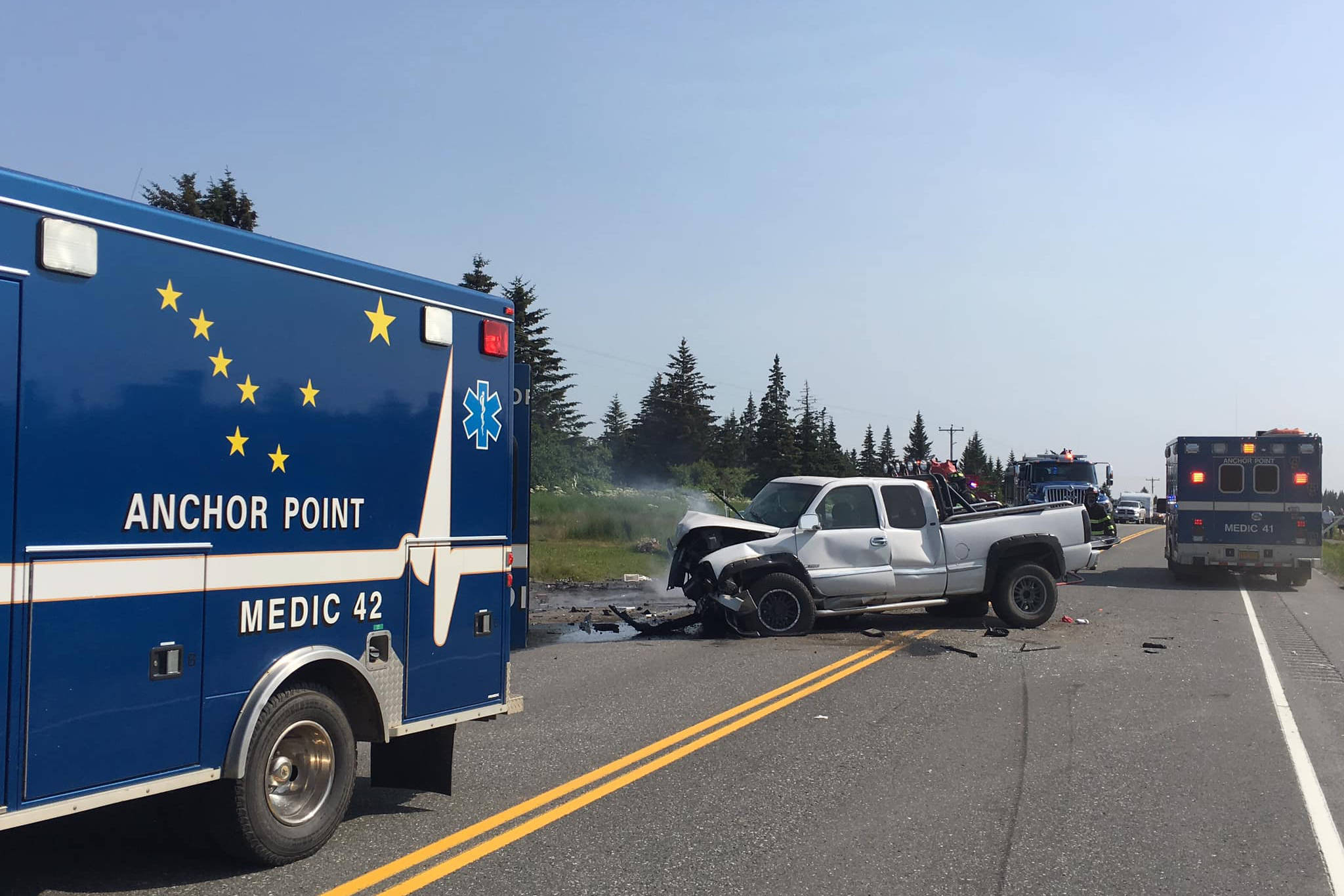 A pickup truck involved in a fatal car crash on July 7, 2019, rests on the side of the road near Mile 142 Sterling Highway, Happy Valley, Alaska. The pickup truck driver survived, but the driver of a second car involved in the crash, Michael Franklin, 18, of Palmer, Alaska, died of his injuries. (Photo by Jon Marsh/Anchor Point Fire and EMS)