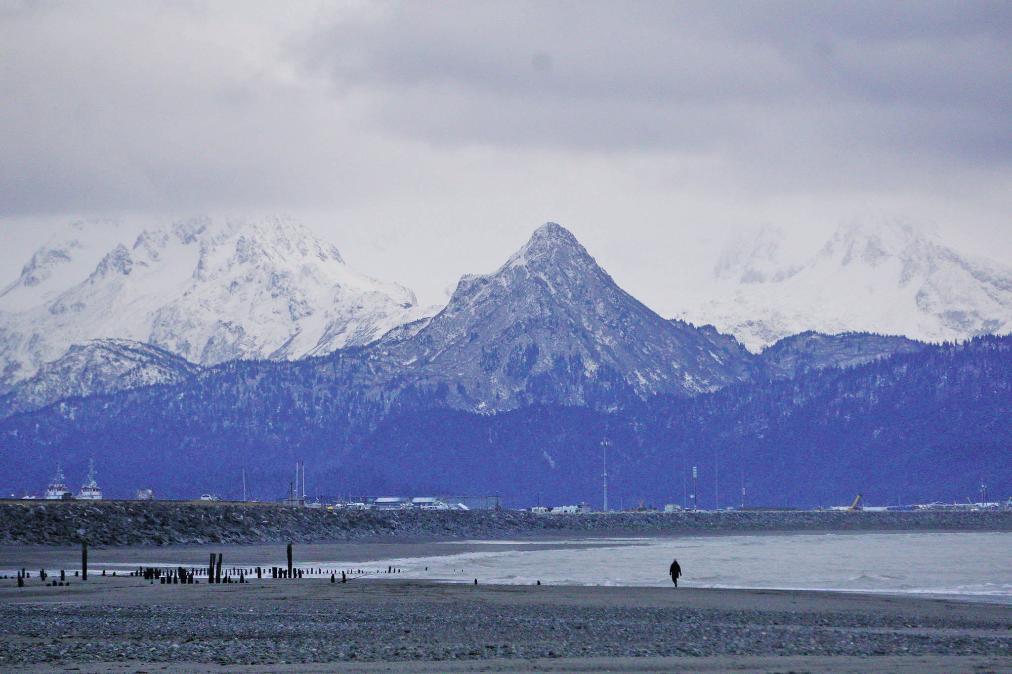 Recent snow in the Kenai Mountains across Kachemak Bay has made the Poot Peak panda more visible, as seen here on Nov. 18, 2019, in Homer, Alaska. (Photo by Michael Armstrong/Homer News)