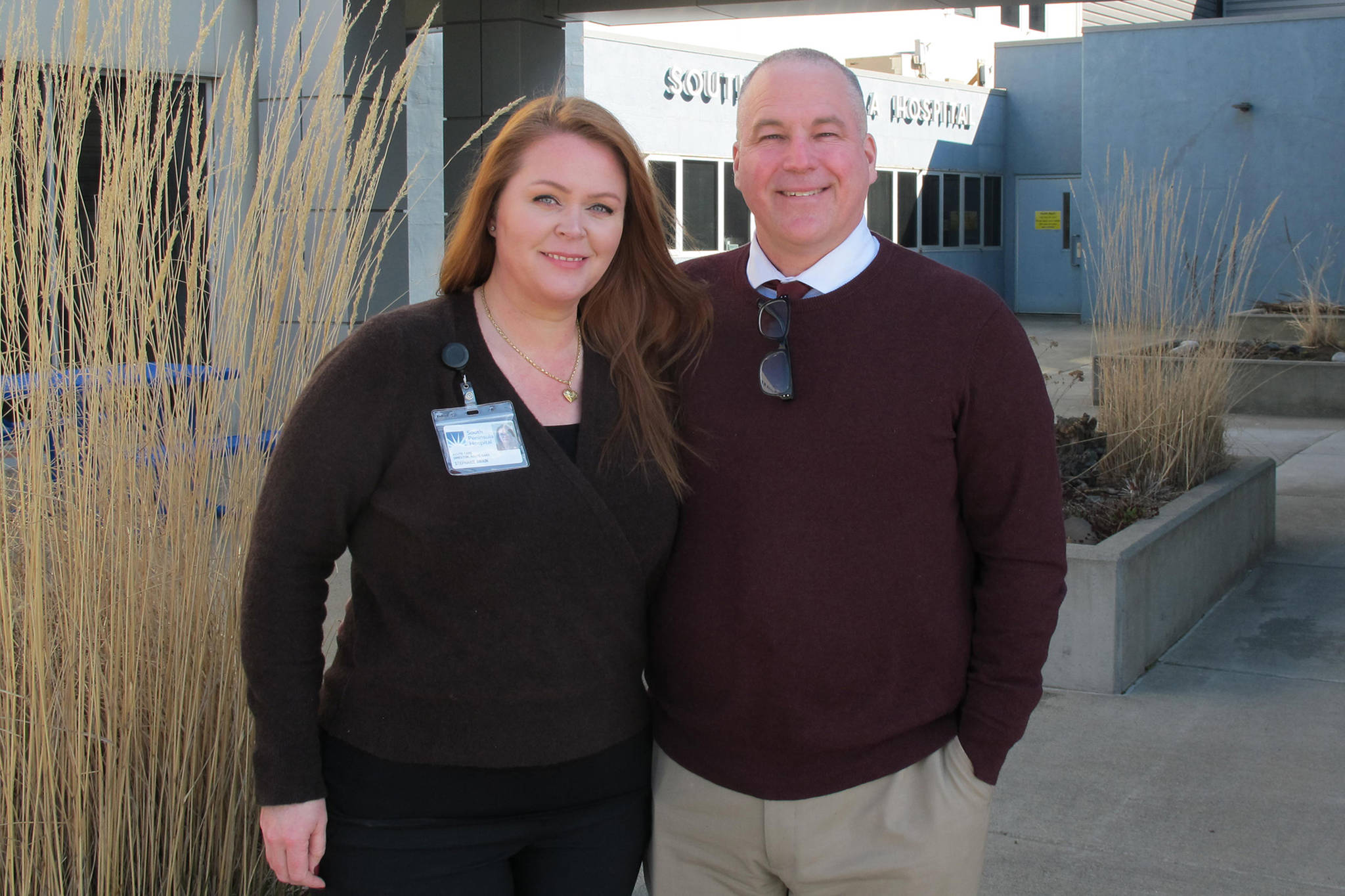 Stephanie Swain, BSN and RN, left, and Dr. Matthew Swain, DO, right, pose for a photo on May 2, 2020, at South Peninsula Hospital in Homer, Alaska. (Photo courtesy South Peninsula Hospital)