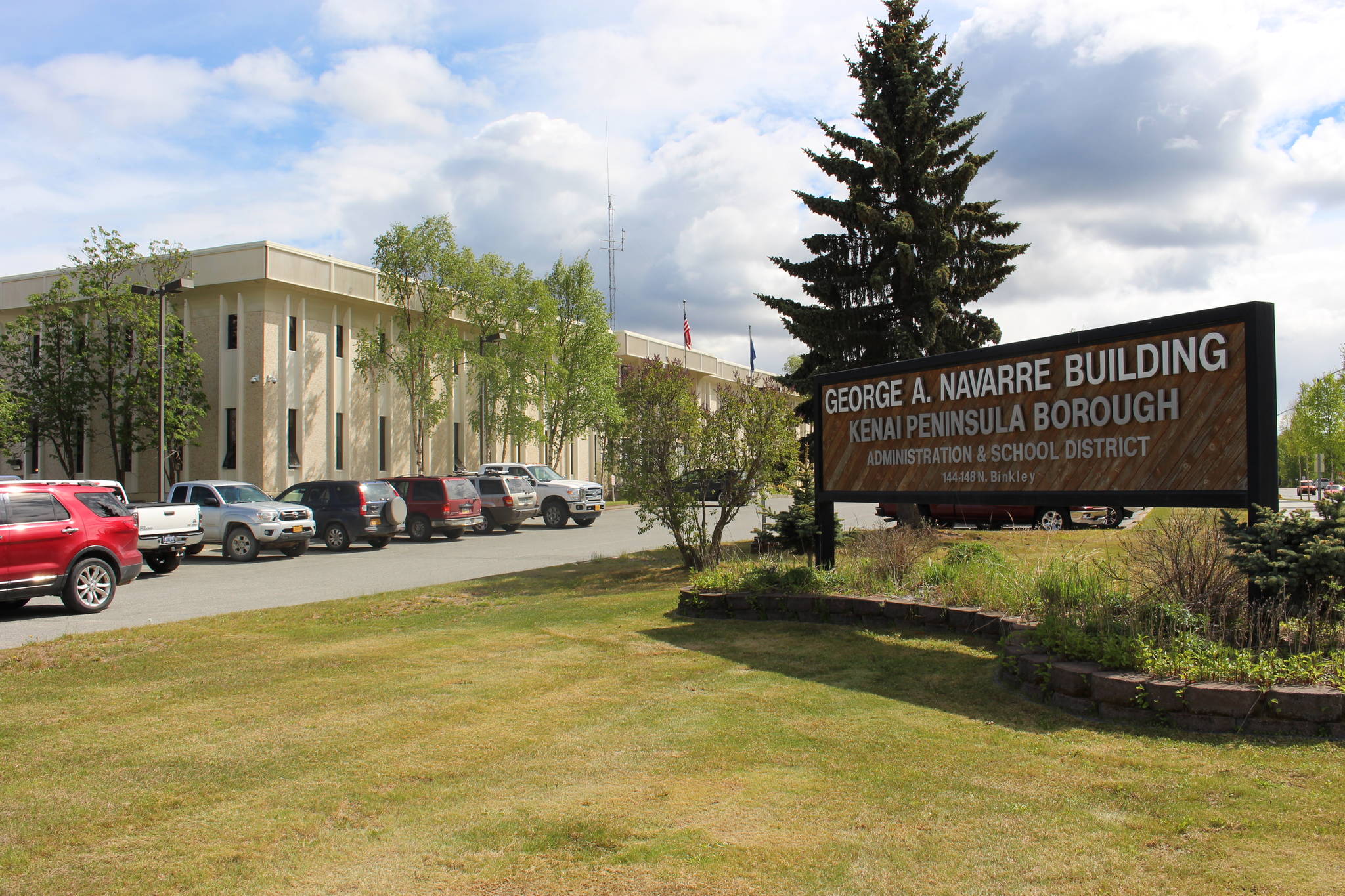 The entrance to the Kenai Peninsula Borough building in Soldotna, Alaska is seen here on June 1, 2020. (Photo by Brian Mazurek/Peninsula Clarion)