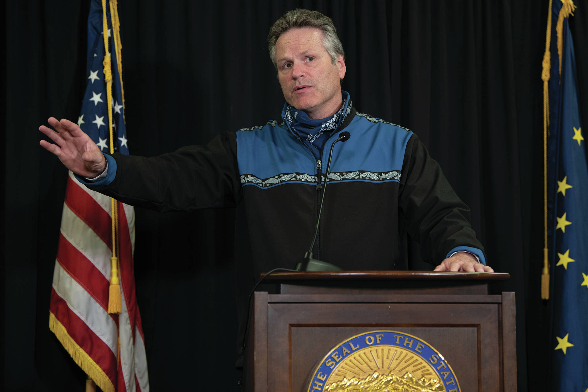 Gov. Mike Dunleavy speaks at a press conference on June 30, 2020, in Anchorage, Alaska. (Photo by Austin McDaniel/Governor’s Office)