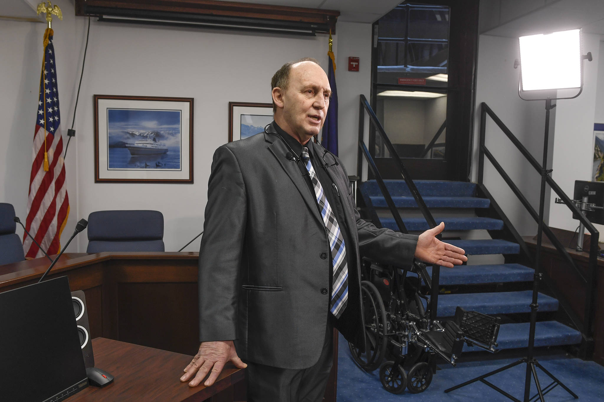 Michael Penn / Juneau Empire File                                Rep. Gary Knopp, R-Kenai, talks to the media about his nomination for Speaker of the House at the Capitol on Tuesday, Feb. 12, 2019.