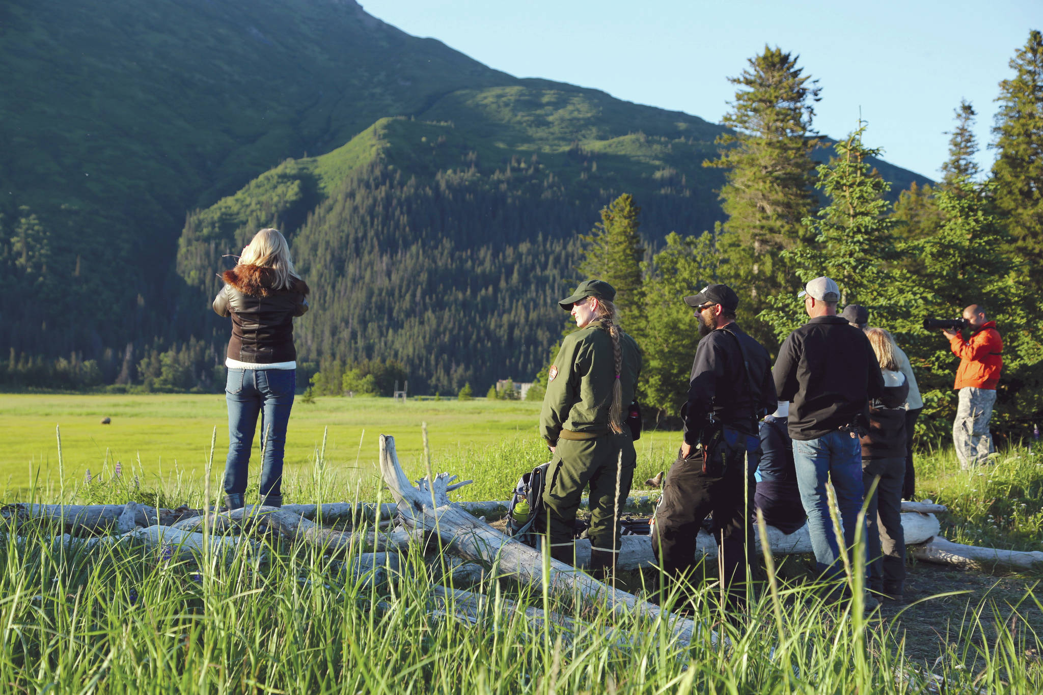 Photo by J. Pfeiffenberger/NPS 
Visitors enjoy bear viewing in the saltmarsh at Chinitna Bay, Lake Clark National Park.