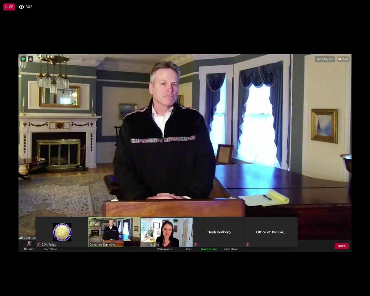 Gov. Mike Dunleavy addresses Alaskans during a remote press conference on Tuesday, March 9, 2021. Dunleavy announced that the COVID-19 vaccine is now available to all Alaskans who want it. (Screenshot)