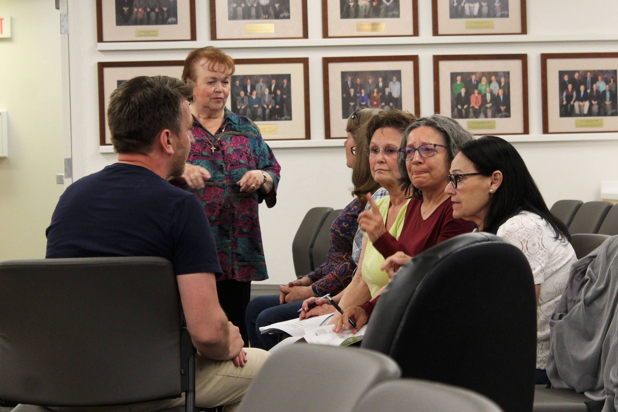 Kenai Peninsula Borough IT Director Ben Hanson speaks with attendees at a meeting of the Kenai Peninsula Borough Assembly on Tuesday, June 15, 2021, at the Betty J. Glick Assembly Chambers in Soldotna, Alaska. The attendees were concerned about voting measures approved by the assembly aimed at improving borough election security. (Ashlyn O’Hara/Peninsula Borough)