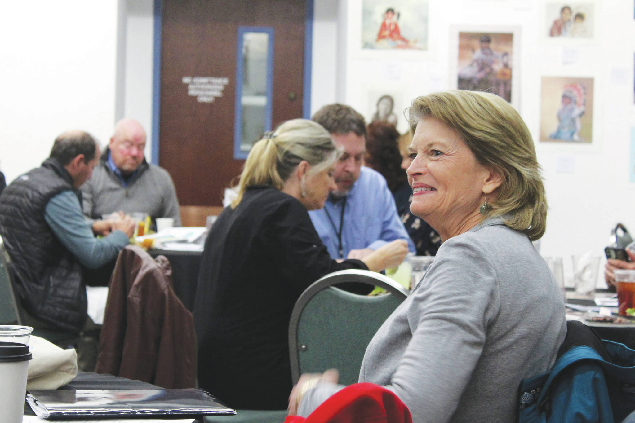 U.S. Sen. Lisa Murkowski attends a joint Soldotna and Kenai Chamber of Commerce Luncheon on Wednesday, May 5, 2021 in Kenai, Alaska. (Ashlyn O’Hara/Peninsula Clarion)