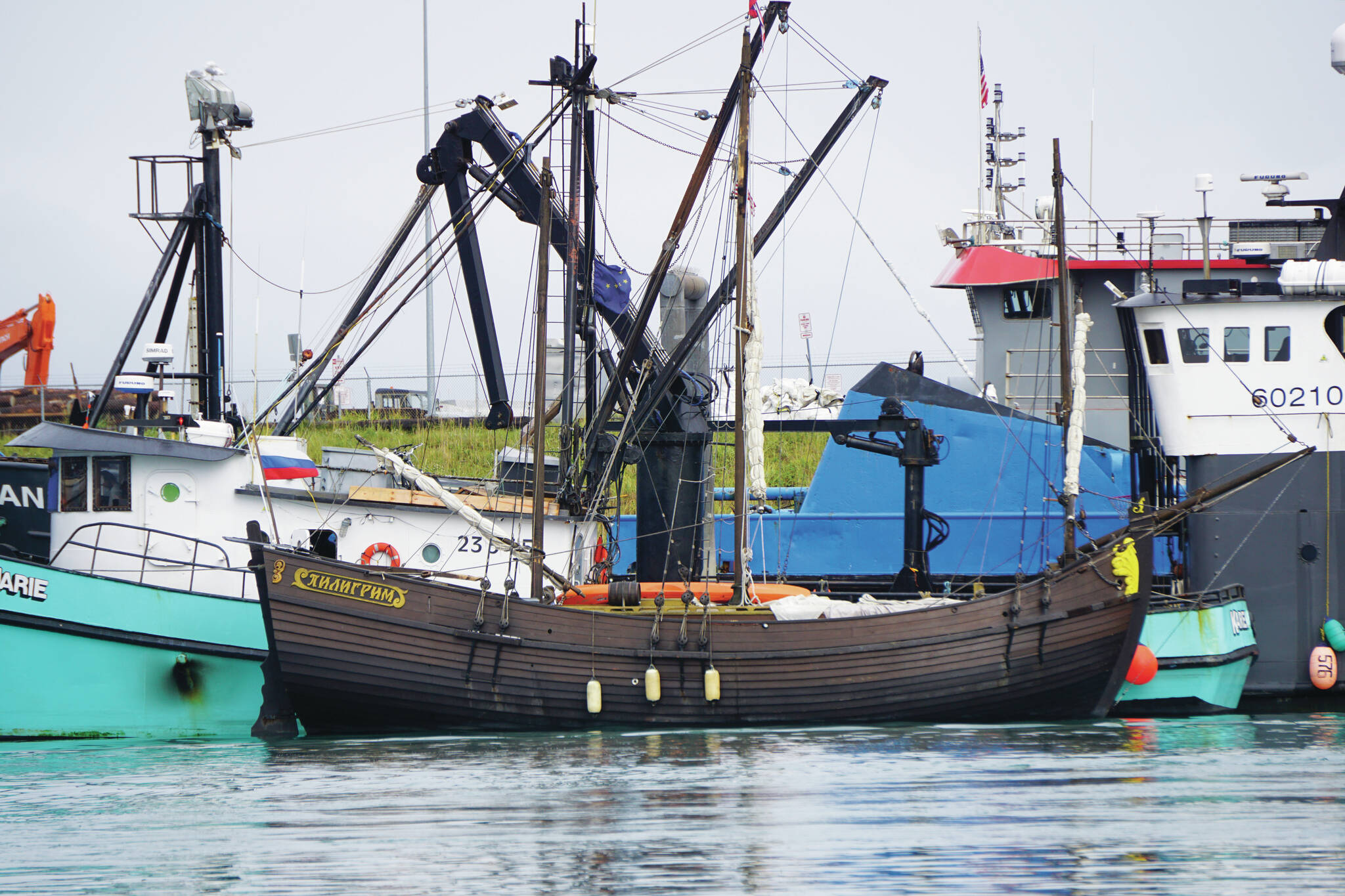 The Russian three-masted wooden vessel “Pilgrim” is moored at the Homer Harbor on Thursday, Sept. 1, 2021, in Homer, Alaska. The project of twin brothers brothers Sergey and Alexander Sinelnik, Pilgrim is a wooden-boat reproduction of a 17th century Russian sailing ship and has been sailing around the world since its construction in 2015 and launch in 2017. It arrived in Homer last week after sailing up the Inside Passage from Ketchikan. For more information on the ship, visit ww.http://www.sinelniki.ru. (Photo by Michael Armstrong/Homer News)