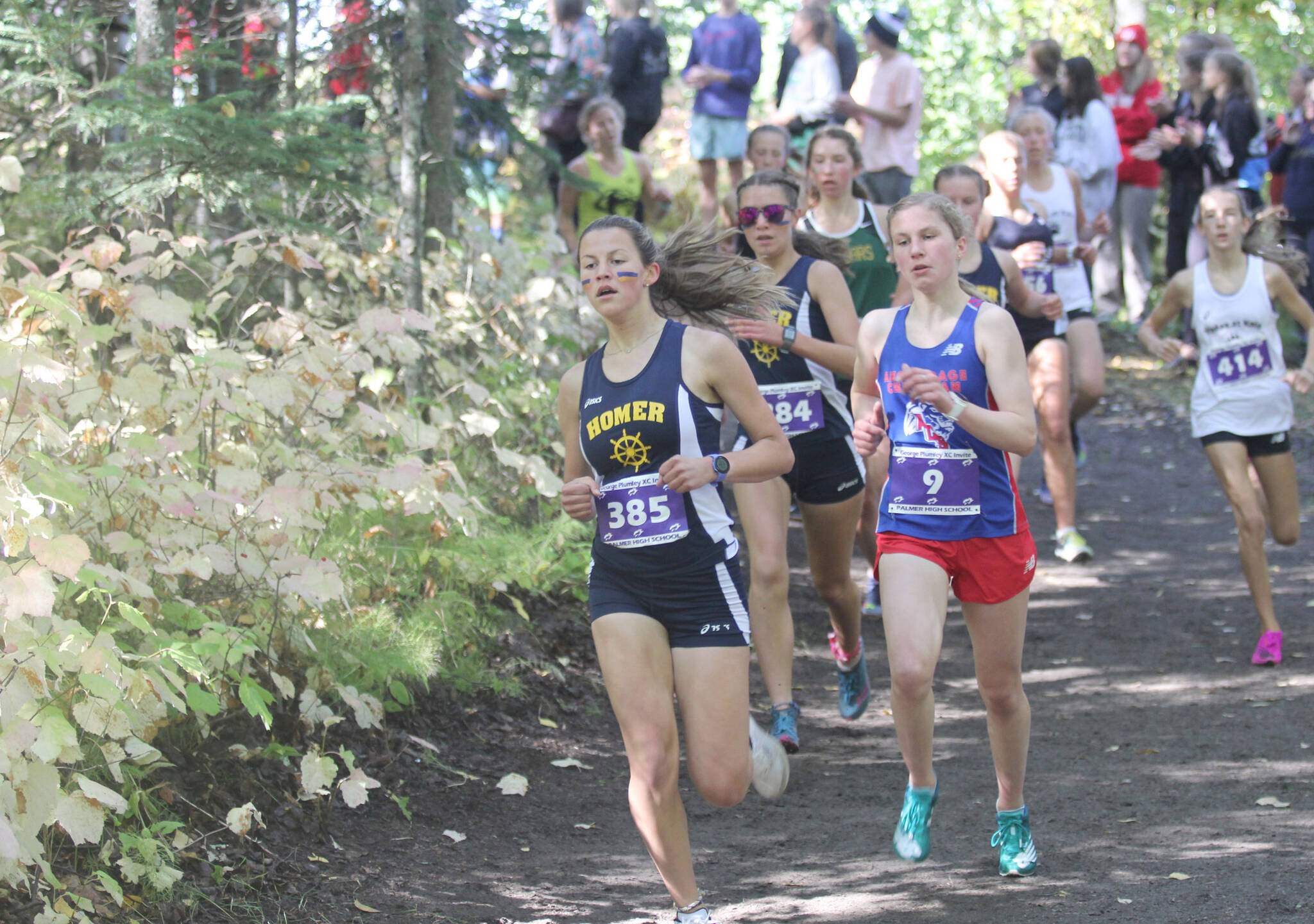 Homer’s Frida Renner competes during the varsity girls race of the George Plumley Invitational on Saturday, Sept. 11, 2021, at Palmer High School. (Photo by Jeremiah Bartz/Frontiersman)