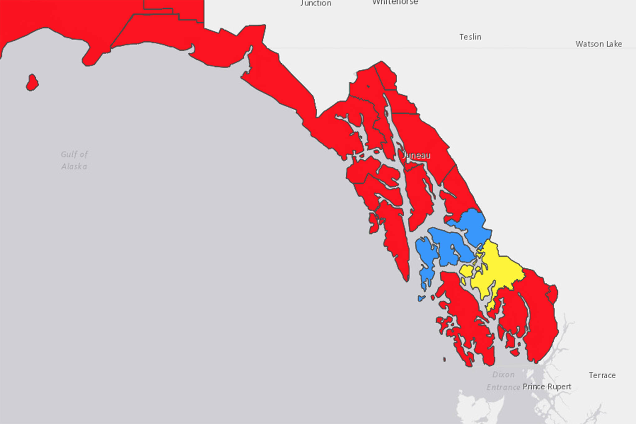 Screenshot
This screenshot of the Department of Health and Social Services COVID-19 cases dashboard shows the alert level in communities in Southeast Alaska. Red areas are at a high alert level and based on more than 100 cases per 100,000 people over a seven-day period. Yellow areas are at a moderate risk level based on 10-50 cases per 100,000 people over a week. Blue areas are at a low level based on 10 or fewer cases per 100,000.