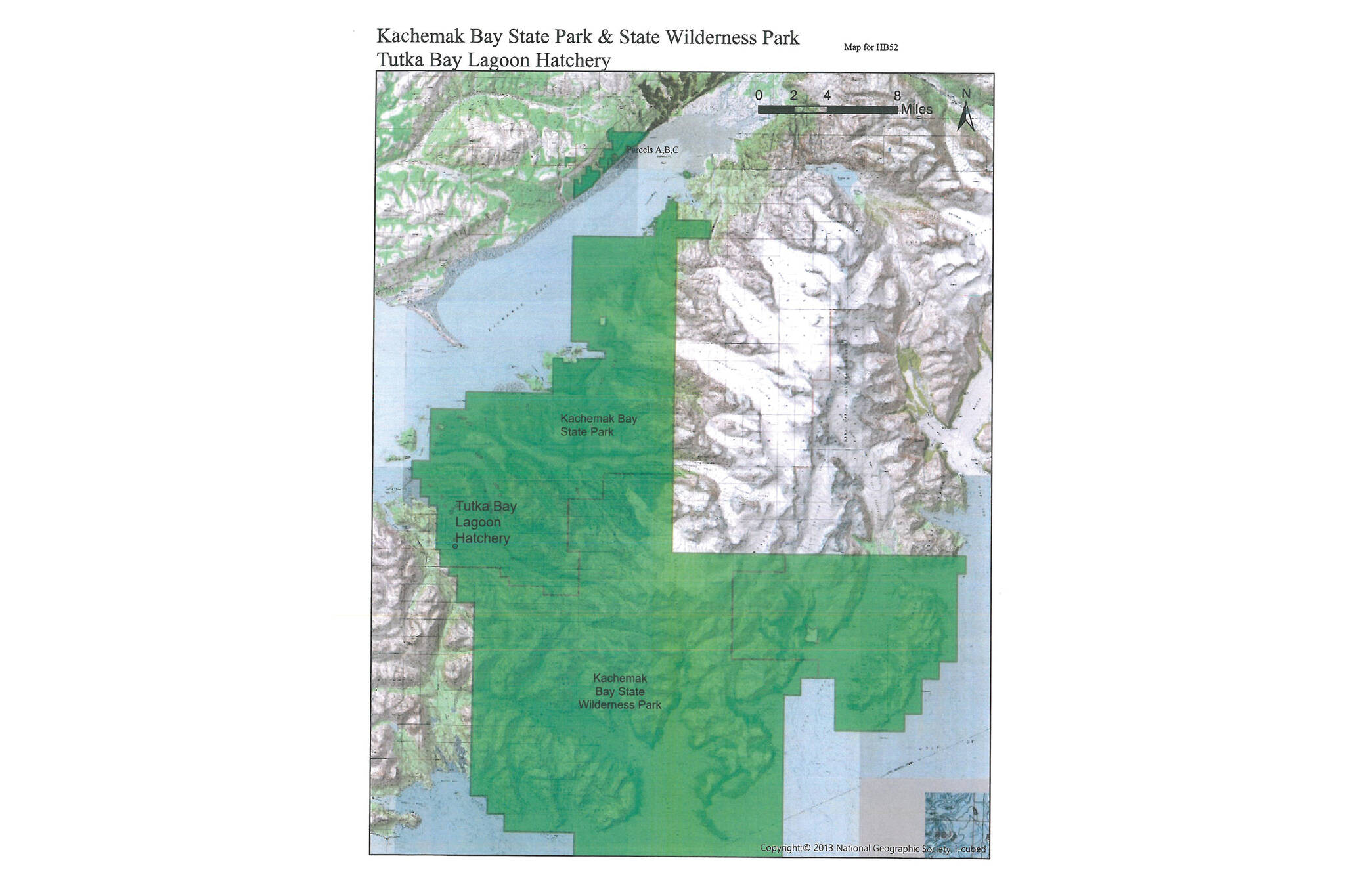 A map of Kachemak Bay State Park shows proposed land additions A, B and C in House Bill 52 and the Tutka Bay Lagoon Hatchery. (Map courtesy of Alaska State Parks)