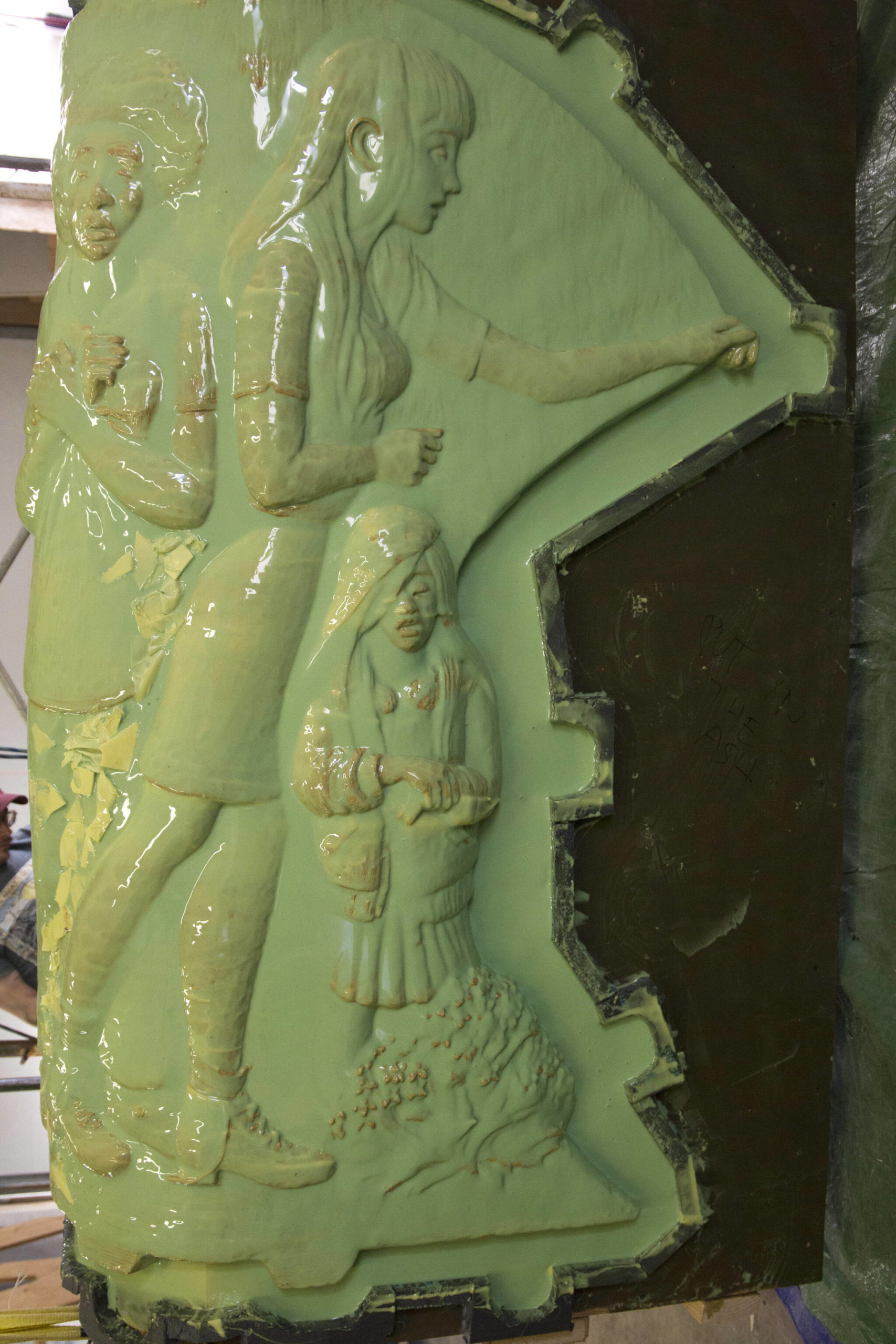 One side of the Lost & Loved Memorial Bench is covered in a layor of rubber mold that will be used to shape the concrete once it’s poured. (Photo by Sarah Knapp/Homer News)