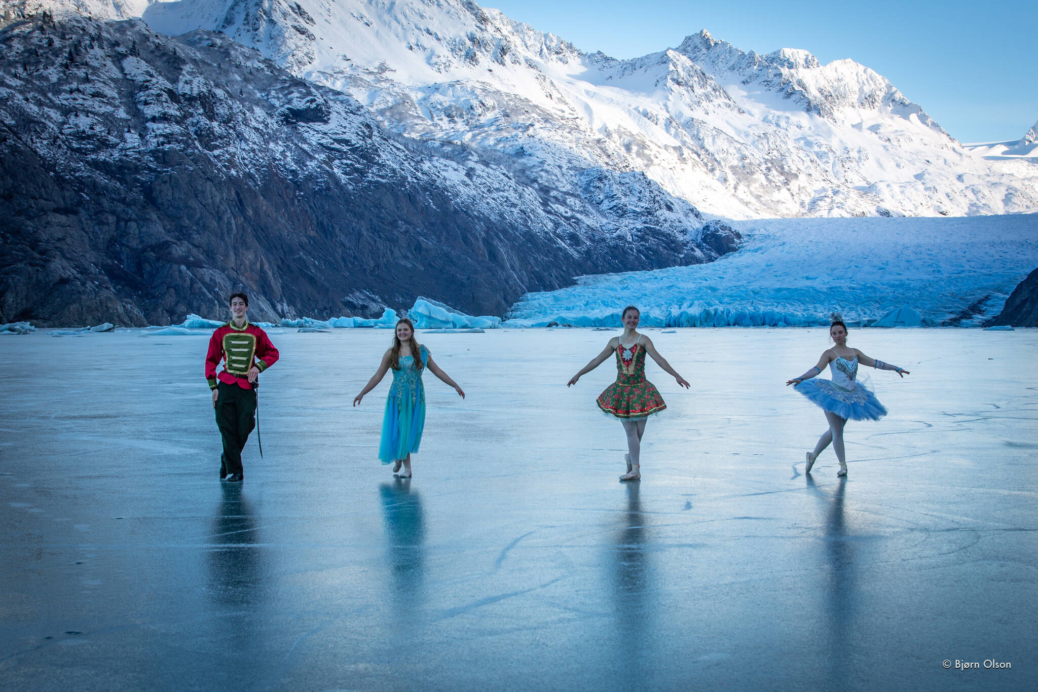 Petit Nutcracker Ballet dancers Liam James, Aiyana Cline, Ireland Styvar and Kathy Brennan pose on Nov. 12, 2020, on the ice of Grewingk Glacier lake near Homer, Alaska. (Photo by Bjørn Olson)