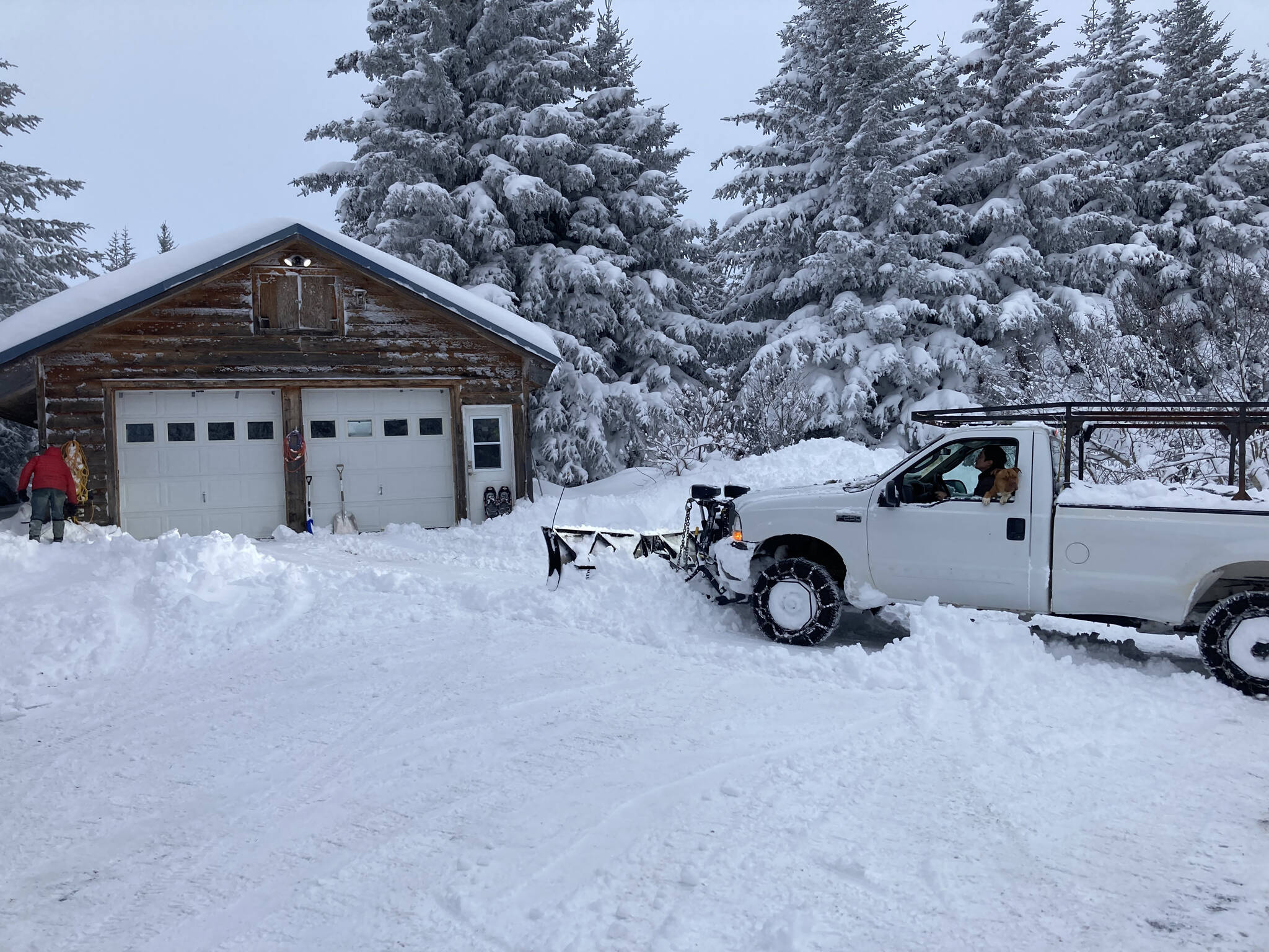 Jim Levine, left, watches as his Diamond Ridge driveway gets plowed on Monday, Nov. 29, 2021, near Homer, Alaska. Over the Thanksgiving Day weekend, some areas of the southern Kenai Peninsula got up to 3 feet of snow. The weekend forecast calls for clear and cold on Friday, with a 70% chance of snow on Sunday, (Photo by Michael Armstrong/Homer News)