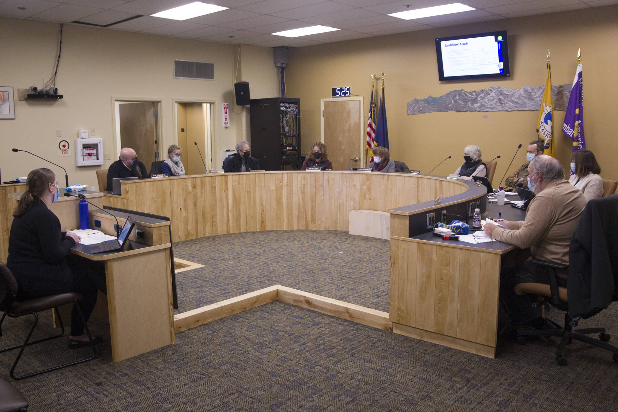 The Homer City Council discusses finances during the Monday, Dec. 13, 2021, meeting, in the Cowles Council Chambers, City Hall, in Homer, Alaska. (Photo by Sarah Knapp/Homer News)