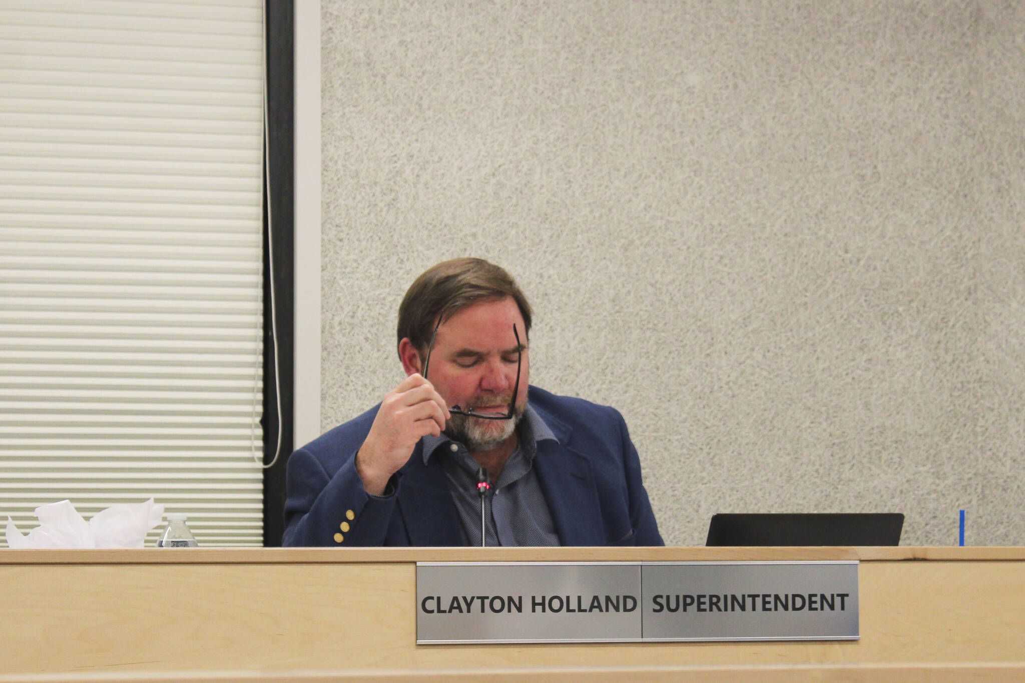 Kenai Peninsula Borough School District Superintendent Clayton Holland speaks during a board meeting on Monday, Dec. 6, 2021 in Soldotna, Alaska. (Ashlyn O'Hara/Peninsula Clarion)
