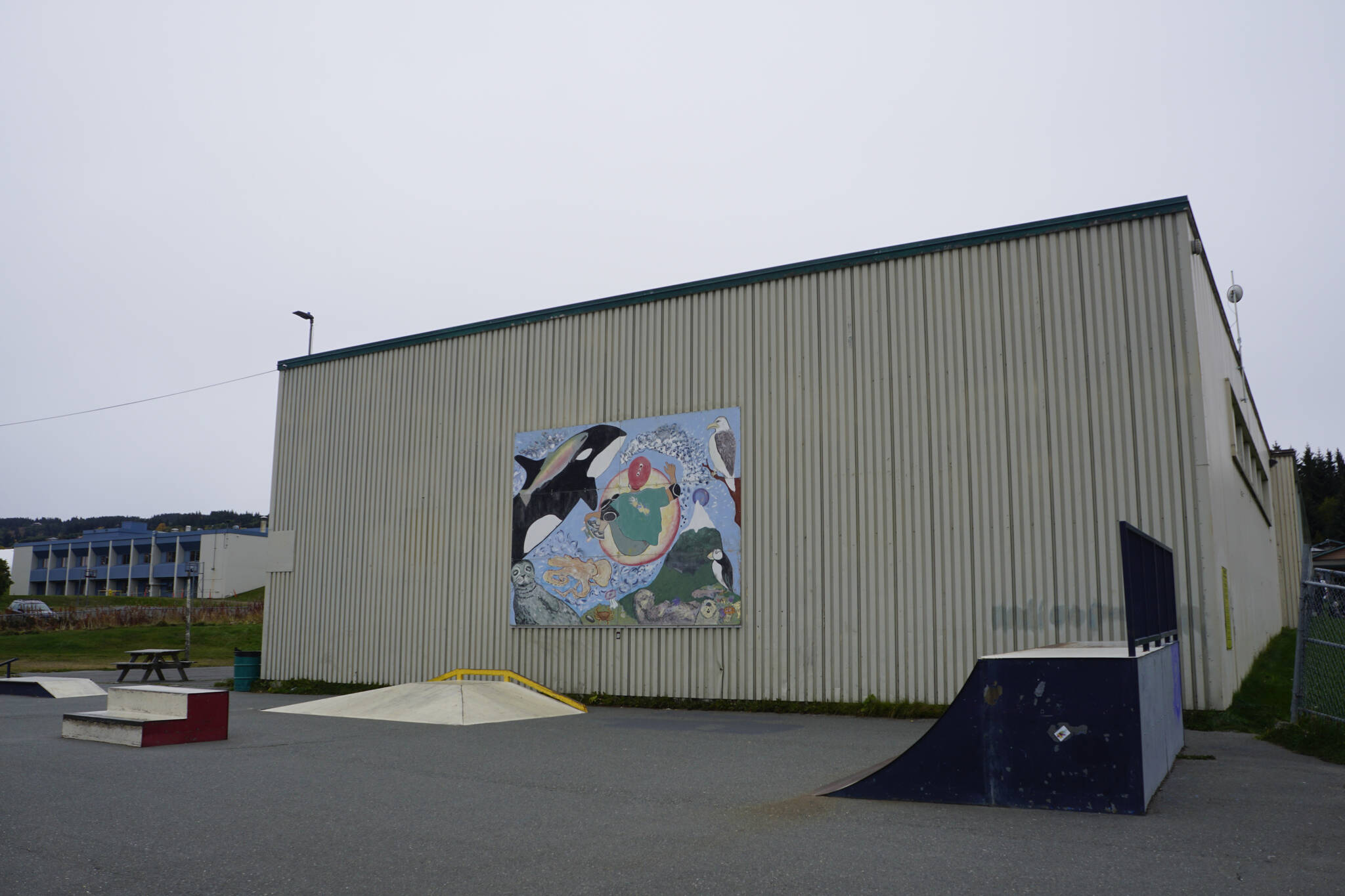 The Homer Education and Recreation Complex, or HERC, includes a skateboard park on the south side of the building, as seen here on Oct. 2, 2021 in Homer, Alaska. (Photo by Michael Armstrong/Homer News)