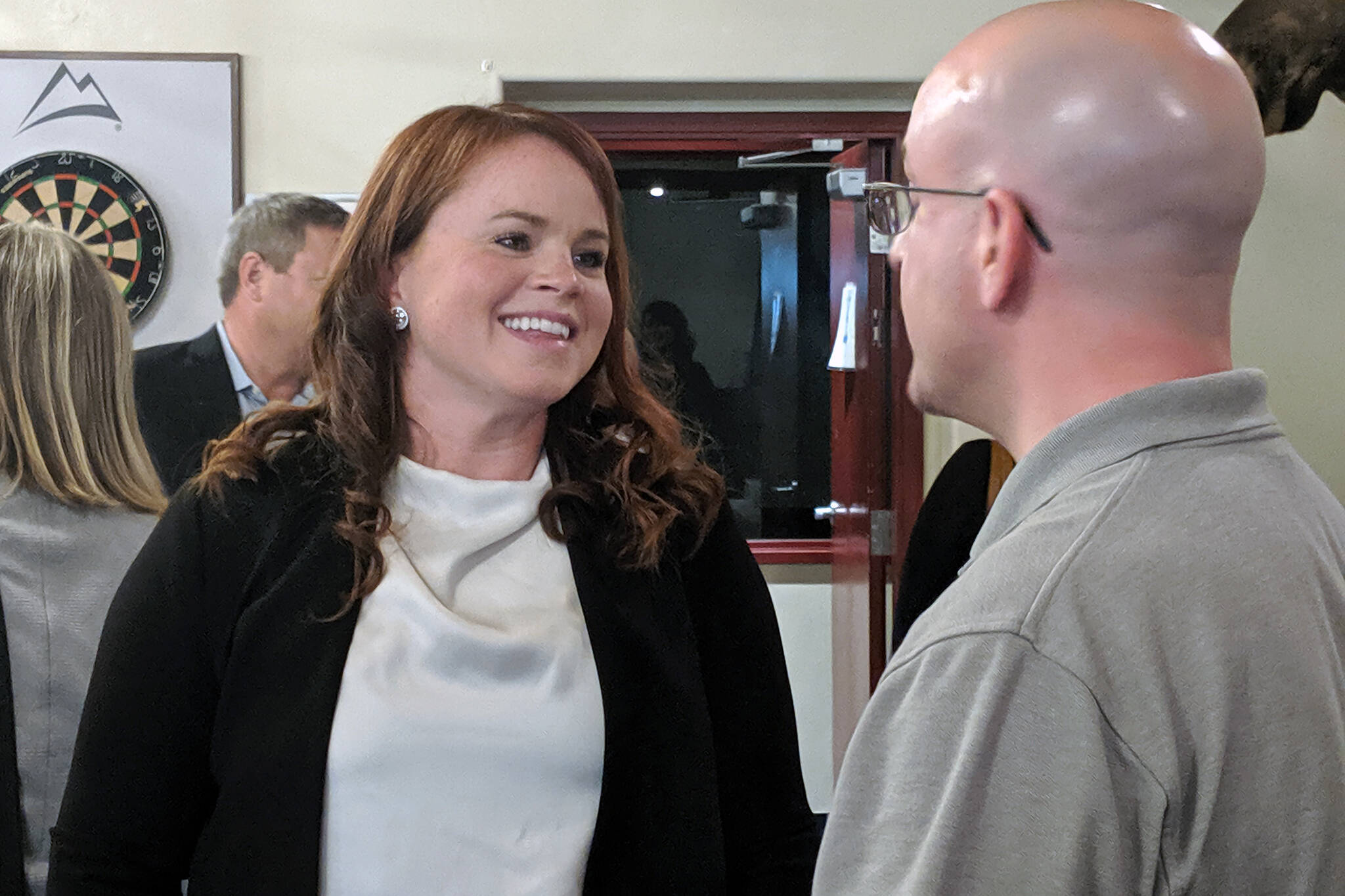 Ben Hohenstatt / Juneau Empire File
District Attorney Angie Kemp speaks with Assembly member Wade Bryson after at September 2019 presentation for a Greater Juneau Chamber of Commerce luncheon. Kemp has been named director of the Alaska Department of Law’s Criminal Division.