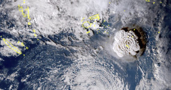 In this satellite image taken by Himawari-8, a Japanese weather satellite, and released by the agency, shows an undersea volcano eruption at the Pacific nation of Tonga Saturday, Jan. 15, 2022. An undersea volcano erupted in spectacular fashion near the Pacific nation of Tonga on Saturday, sending large waves crashing across the shore and people rushing to higher ground. (Japan Meteorology Agency via AP)