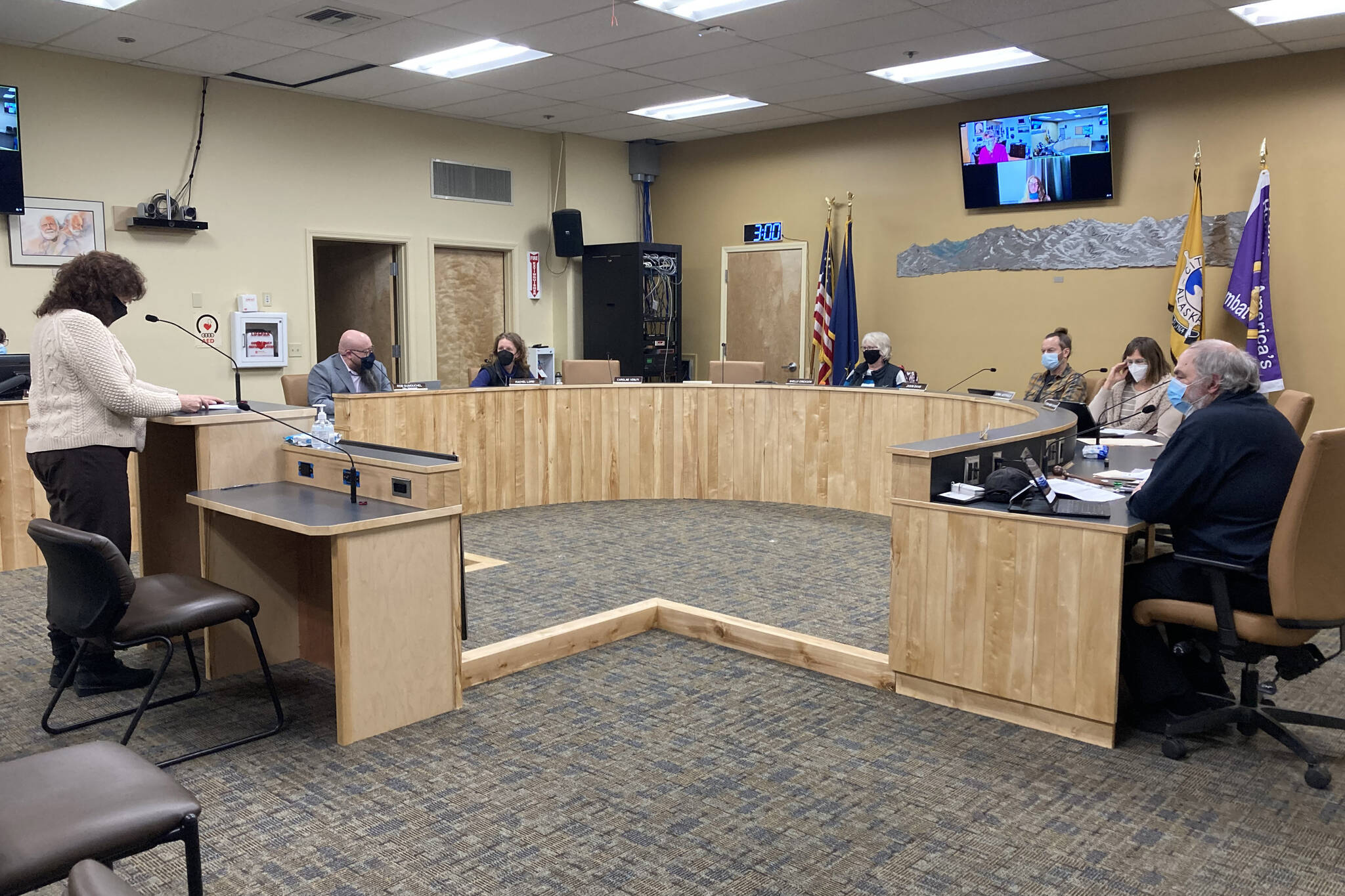 The Homer City Council asks Jan Keiser, Public Works Department director, questions about the new equipment needed for the city, including a grader and sand truck, during the Jan. 24 regular meeting. (Photo by Sarah Knapp/Homer News)