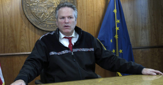 Alaska Gov. Mike Dunleavy speaks with reporters during a news briefing on Tuesday, Sept. 14, 2021, in Juneau, Alaska. Dunleavy said he doesn't see his acceptance of former President Donald Trump's endorsement as hurting his relationship with the state's senior U.S. senator, Republican Lisa Murkowski, who voted to convict Trump at his impeachment trial last year and whom Trump has vowed to fight in her reelection bid. (AP Photo/Becky Bohrer)