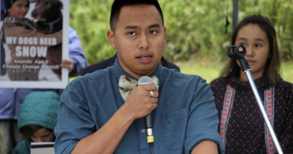 Esau Sinnok of Shishmaref, Alaska, speaks at a news conference after the Alaska Supreme Court heard arguments on Oct. 9, 2019, in Anchorage, Alaska, in a lawsuit that claims state policy on fossil fuels is harming the constitutional right of young Alaskans to a safe climate. The Alaska Supreme Court on Friday, Jan. 28, 2022, upheld the dismissal of a lawsuit filed by 16 Alaska youths, who claimed long-term effects of climate change will devastate Alaska and interfere with their individual constitutional rights. (AP Photo/Mark Thiessen, File)