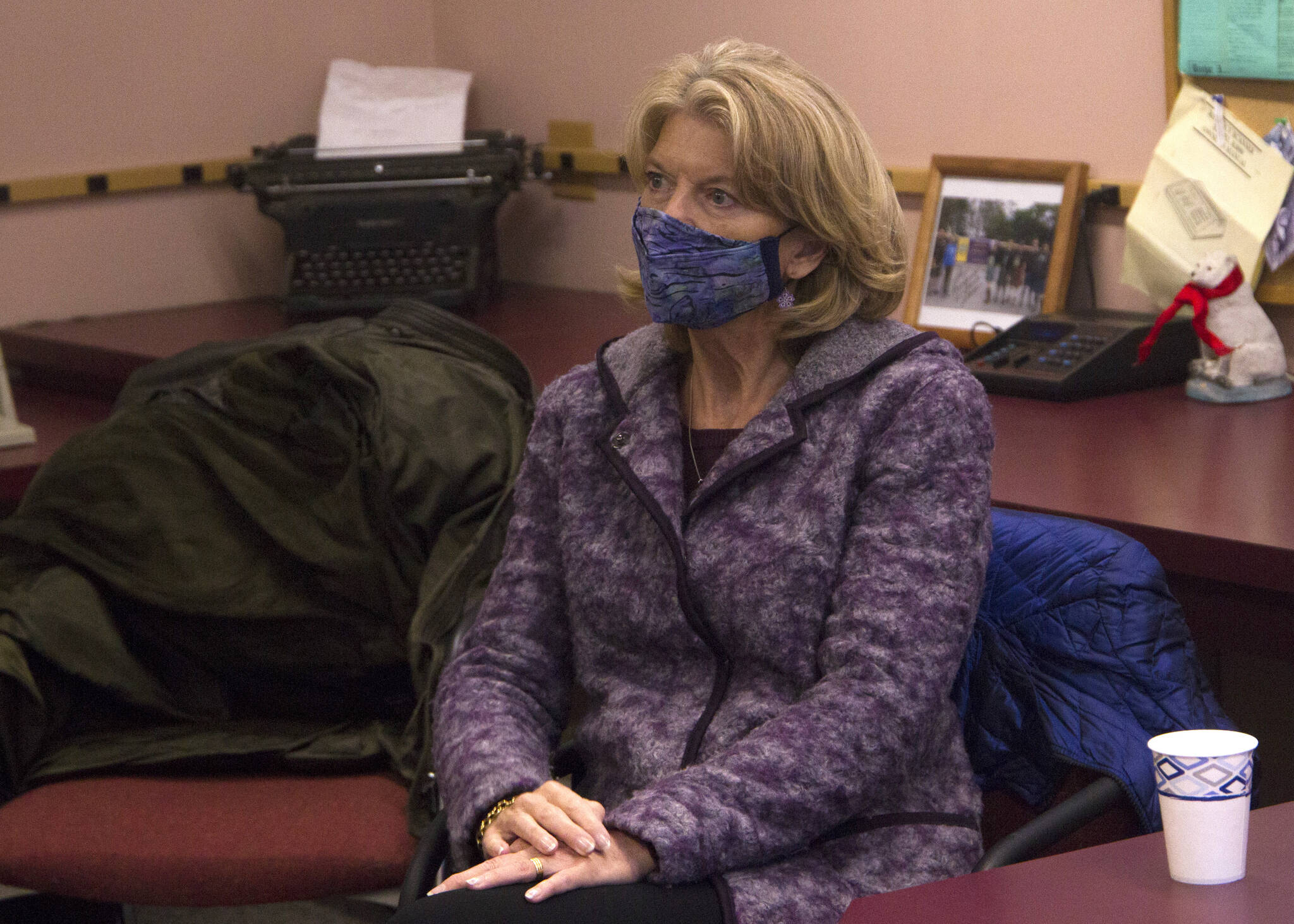 U.S. Senator Lisa Murkowski, visits with Homer News staff during her trip to Homer on Wednesday, Jan. 26. (Photo by Sarah Knapp/Homer News)